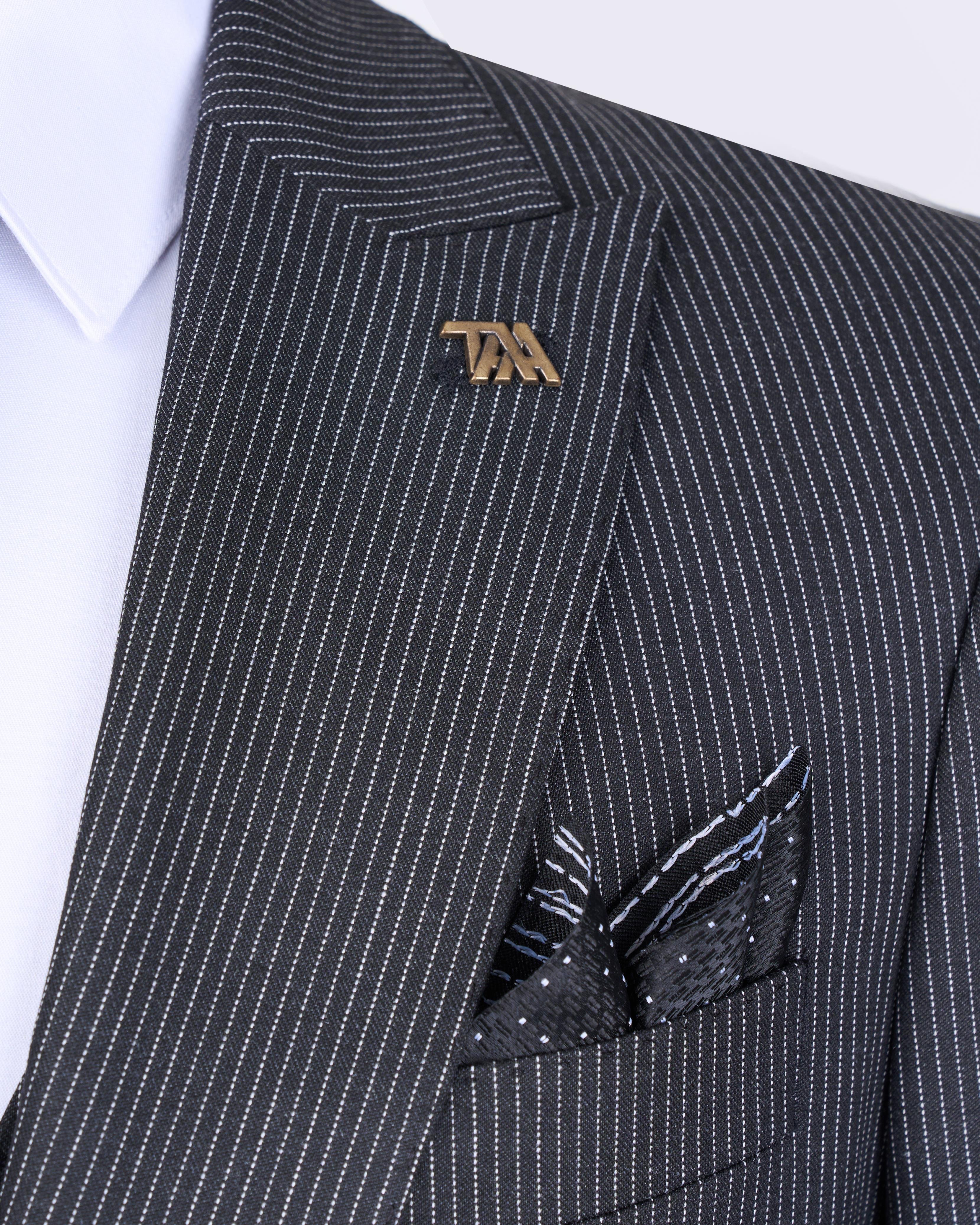 Italian style striped jacket vest trouser suit black T10727