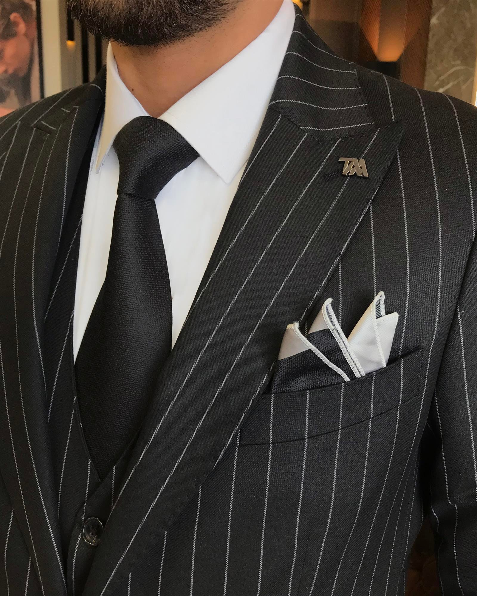 Italian style striped jacket vest pant suit Black T9928