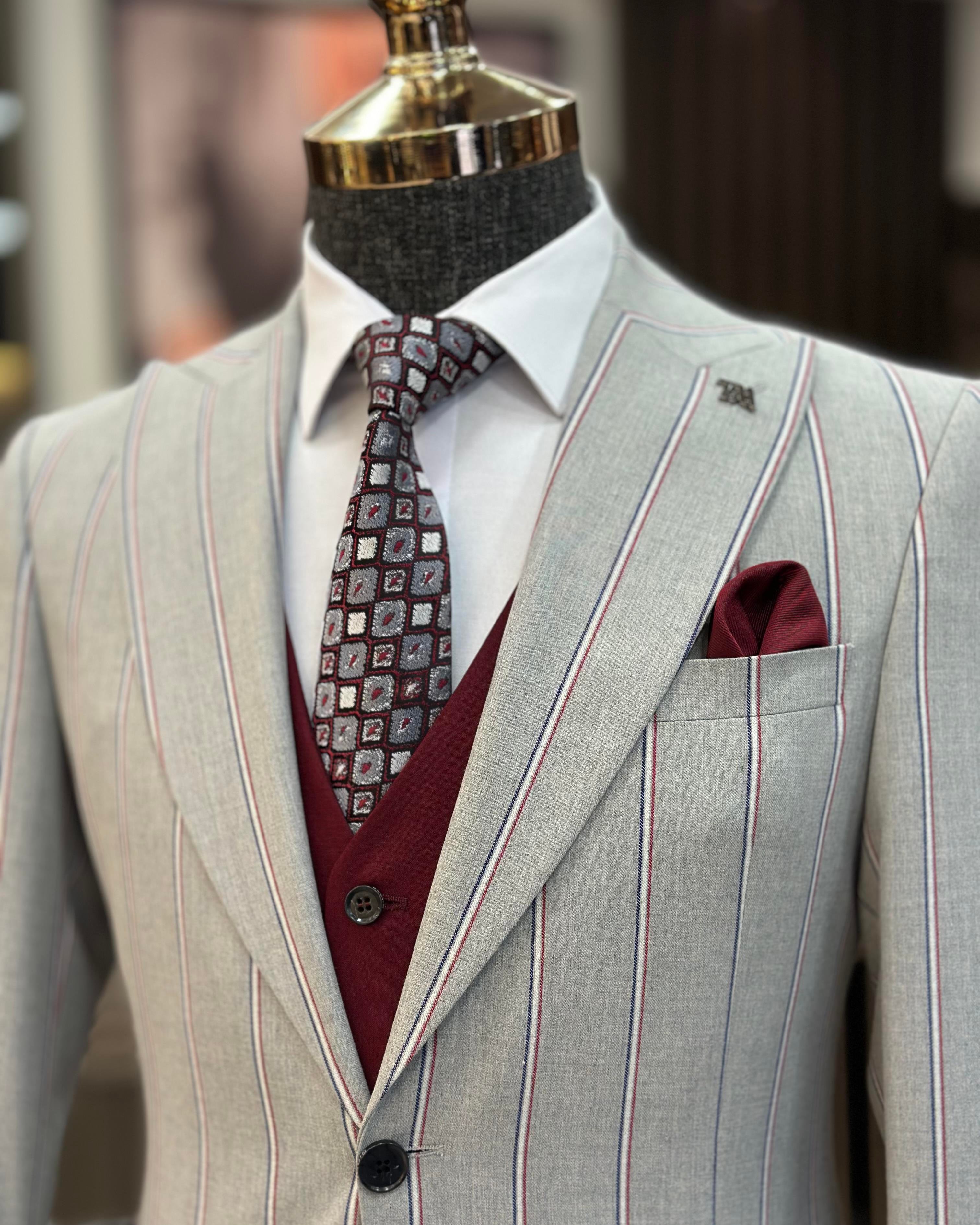 Italian style striped jacket vest trousers hat combination suit gray T10479