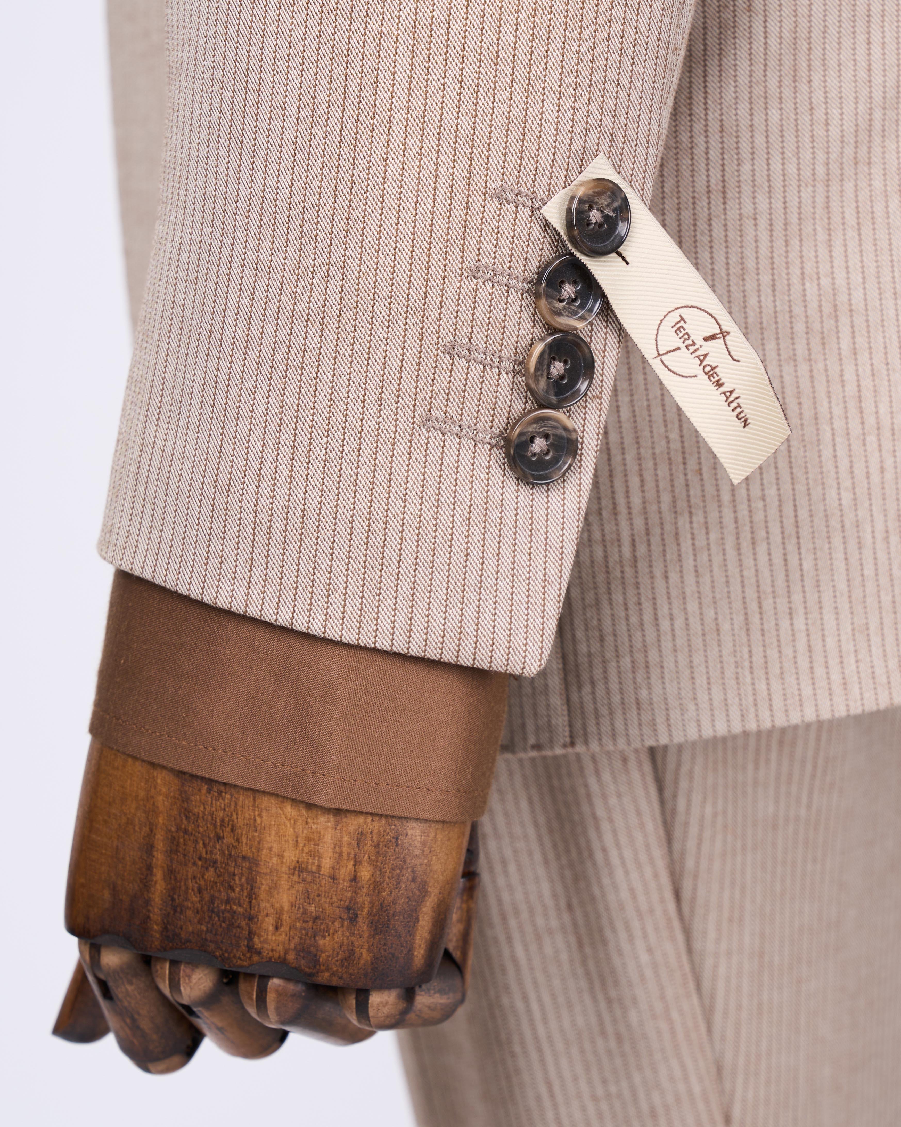 Italian style striped jacket vest trouser suit beige T10733