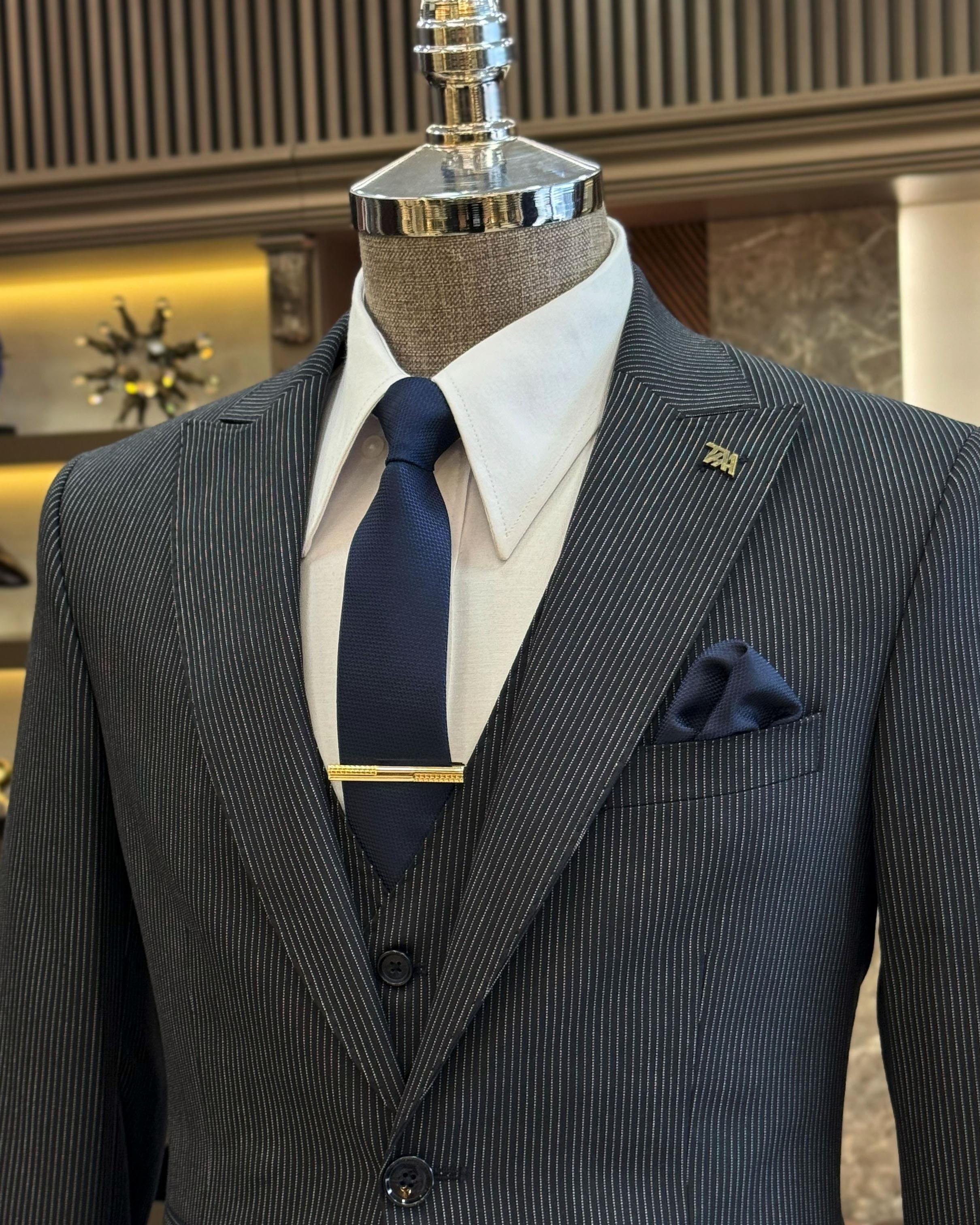 İtalyan stil çizgili ceket yelek pantolon takım elbise lacivert T10729