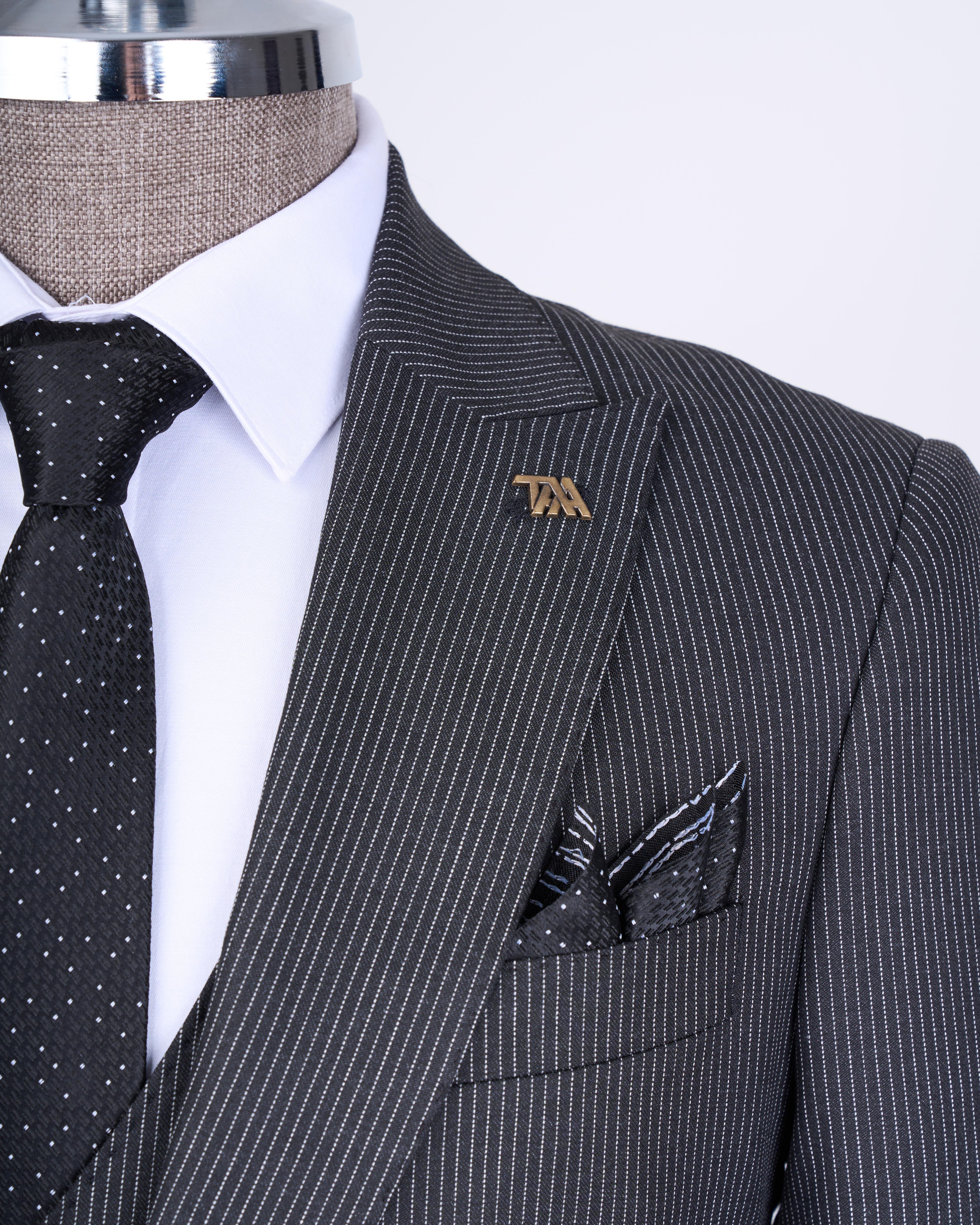 Italian style striped jacket vest trouser suit black T10727