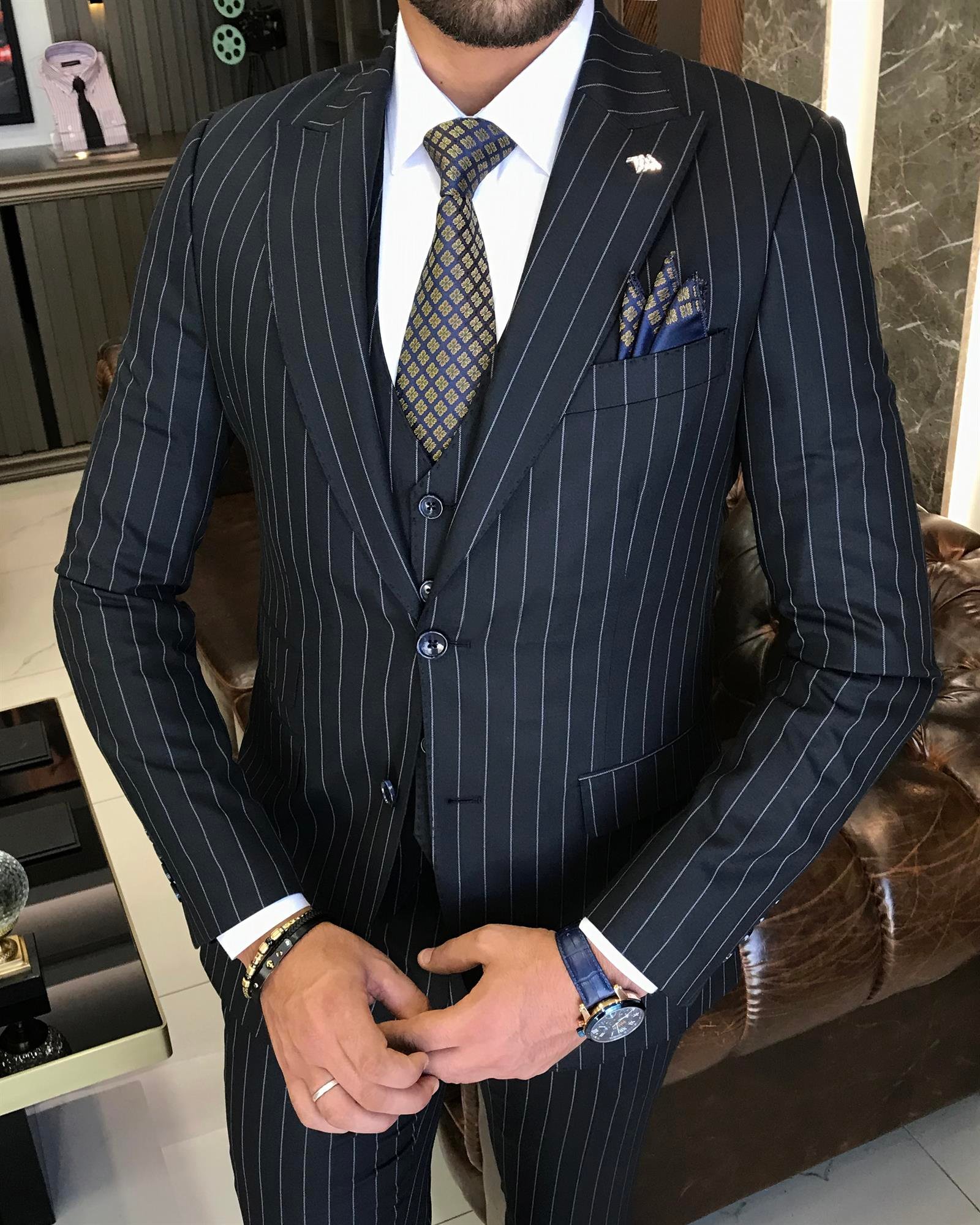 Italian style striped jacket vest trouser suit Navy Blue T9930
