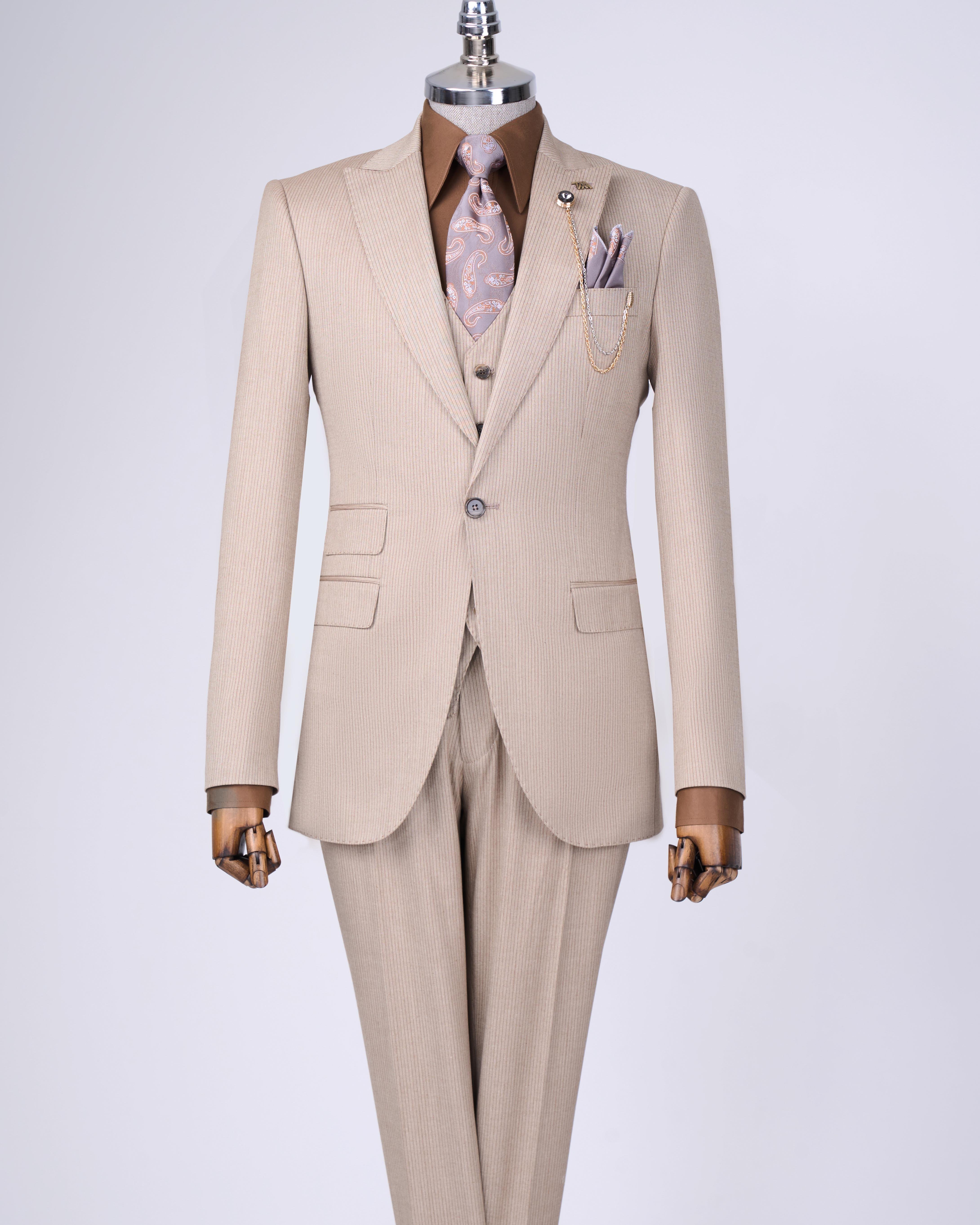 Italian style striped jacket vest trouser suit beige T10733