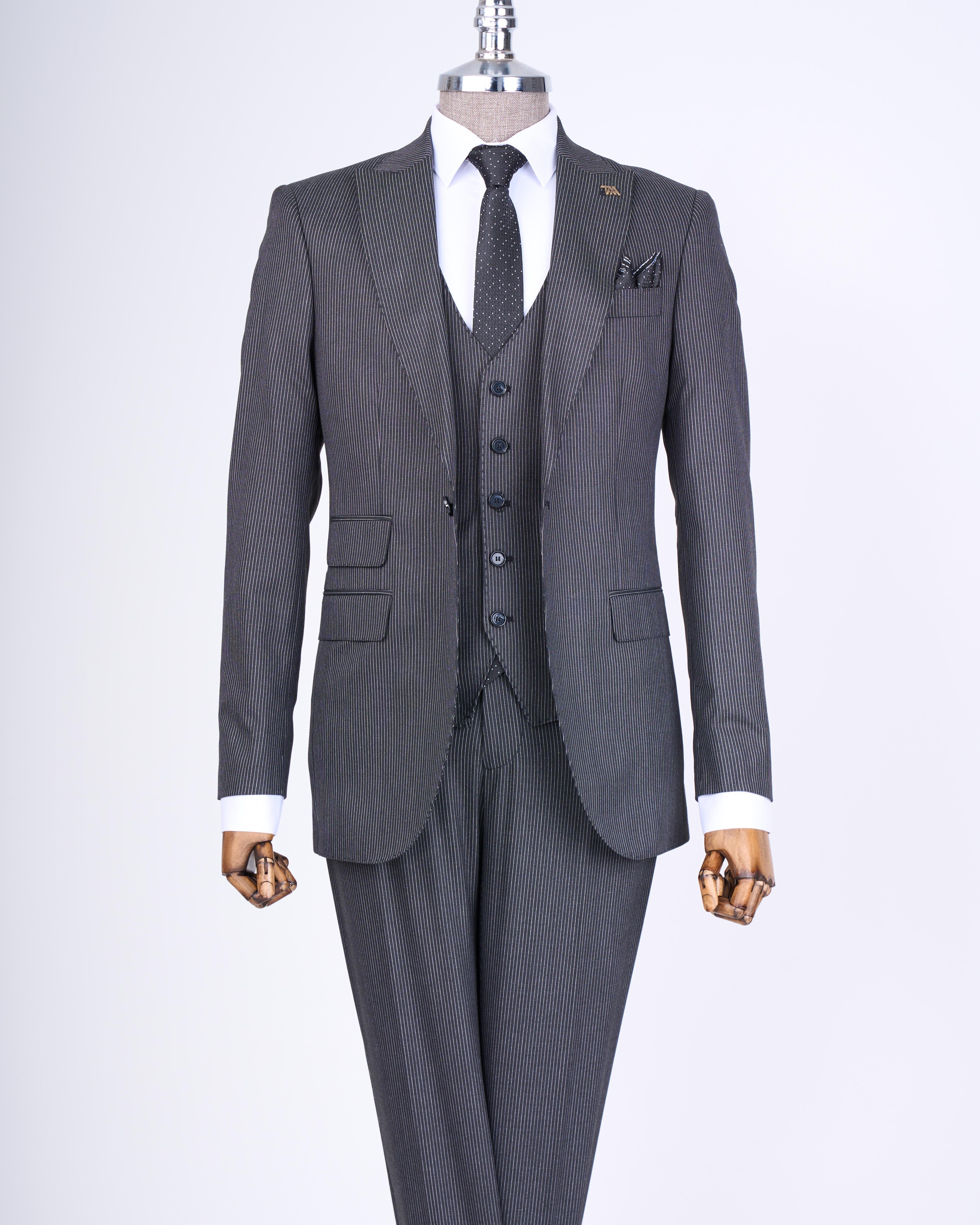Italian style striped jacket vest trouser suit black T10727