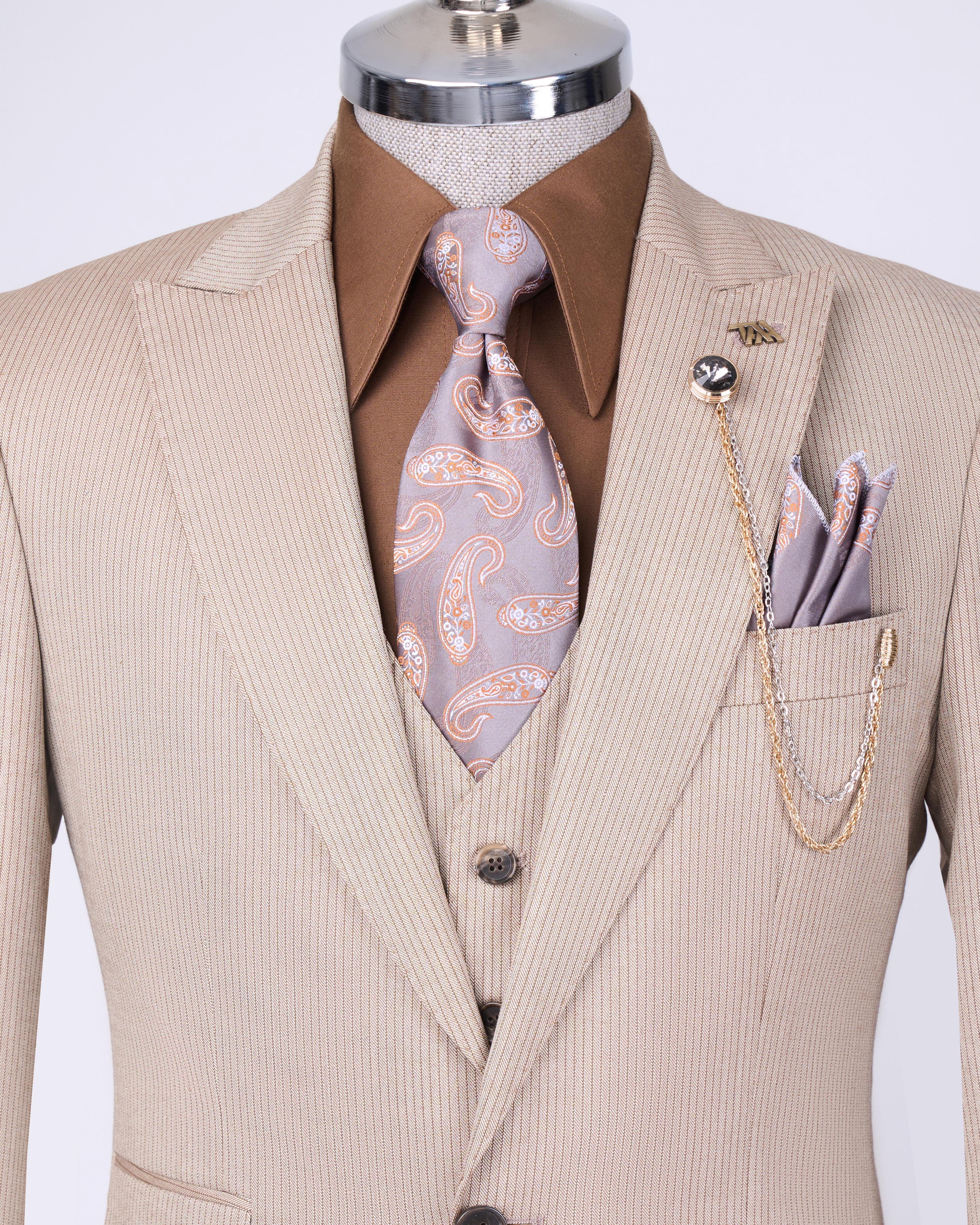 Italian style striped jacket vest trouser suit beige T10733