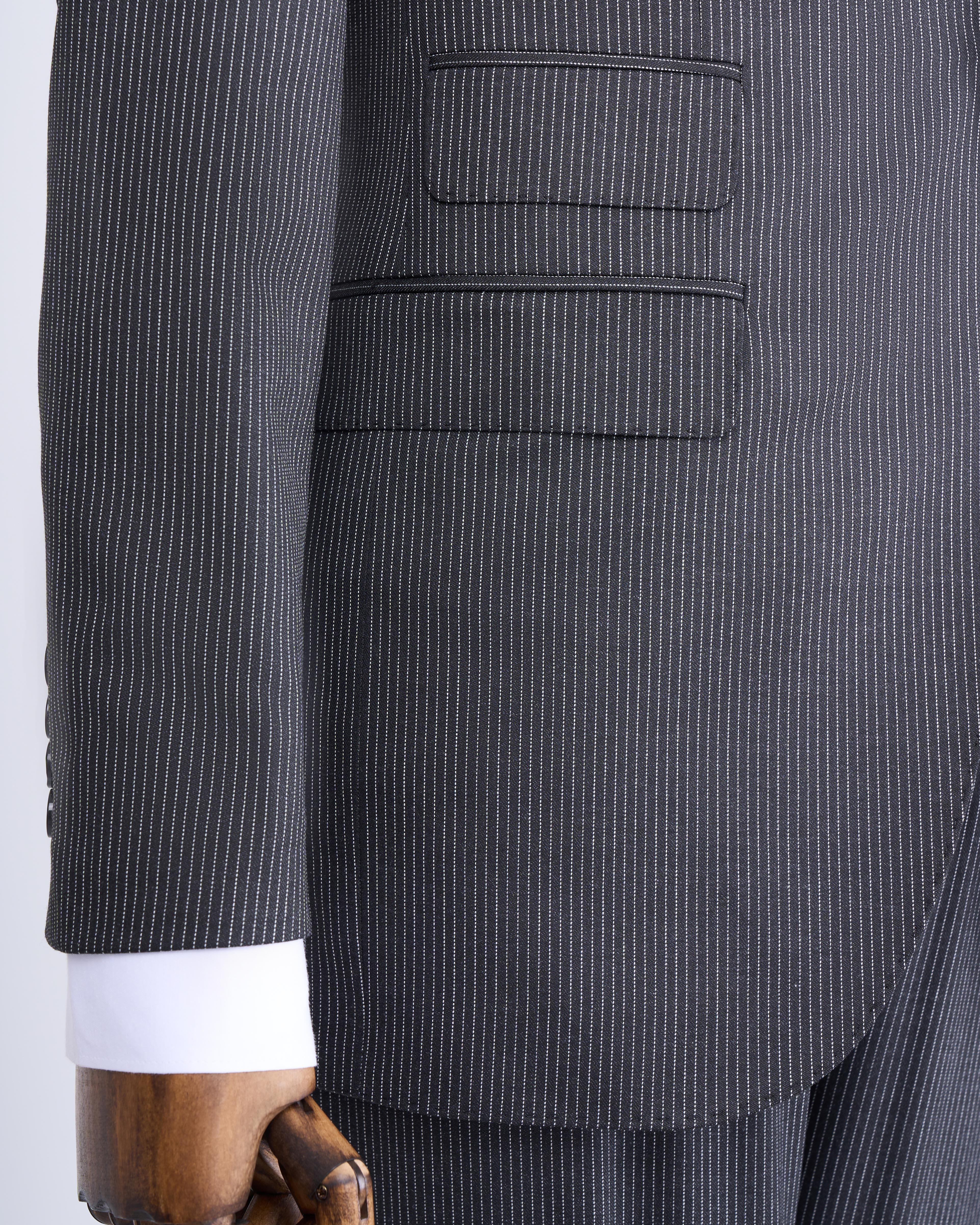Italian style striped jacket vest trouser suit black T10727