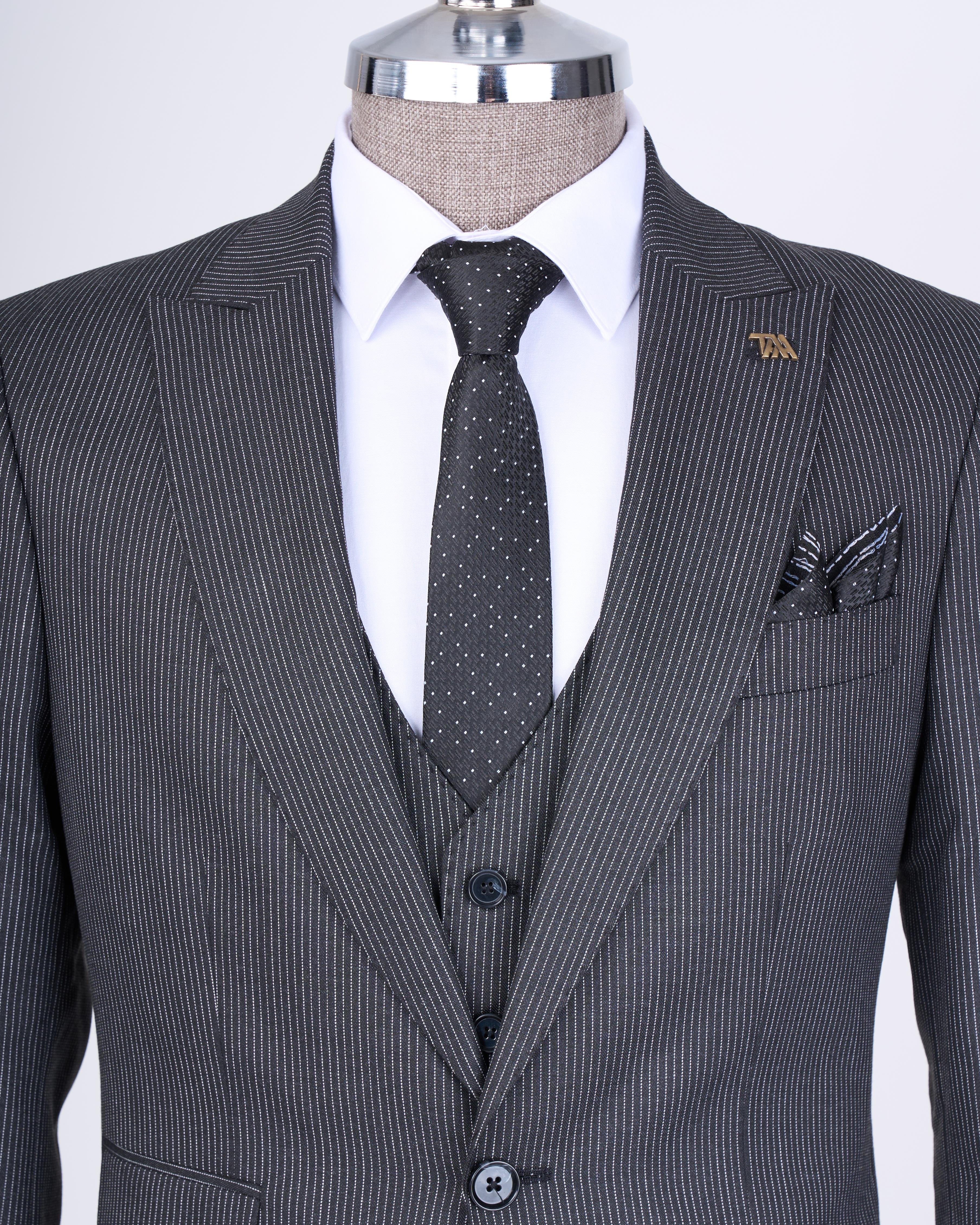Italian style striped jacket vest trouser suit black T10727