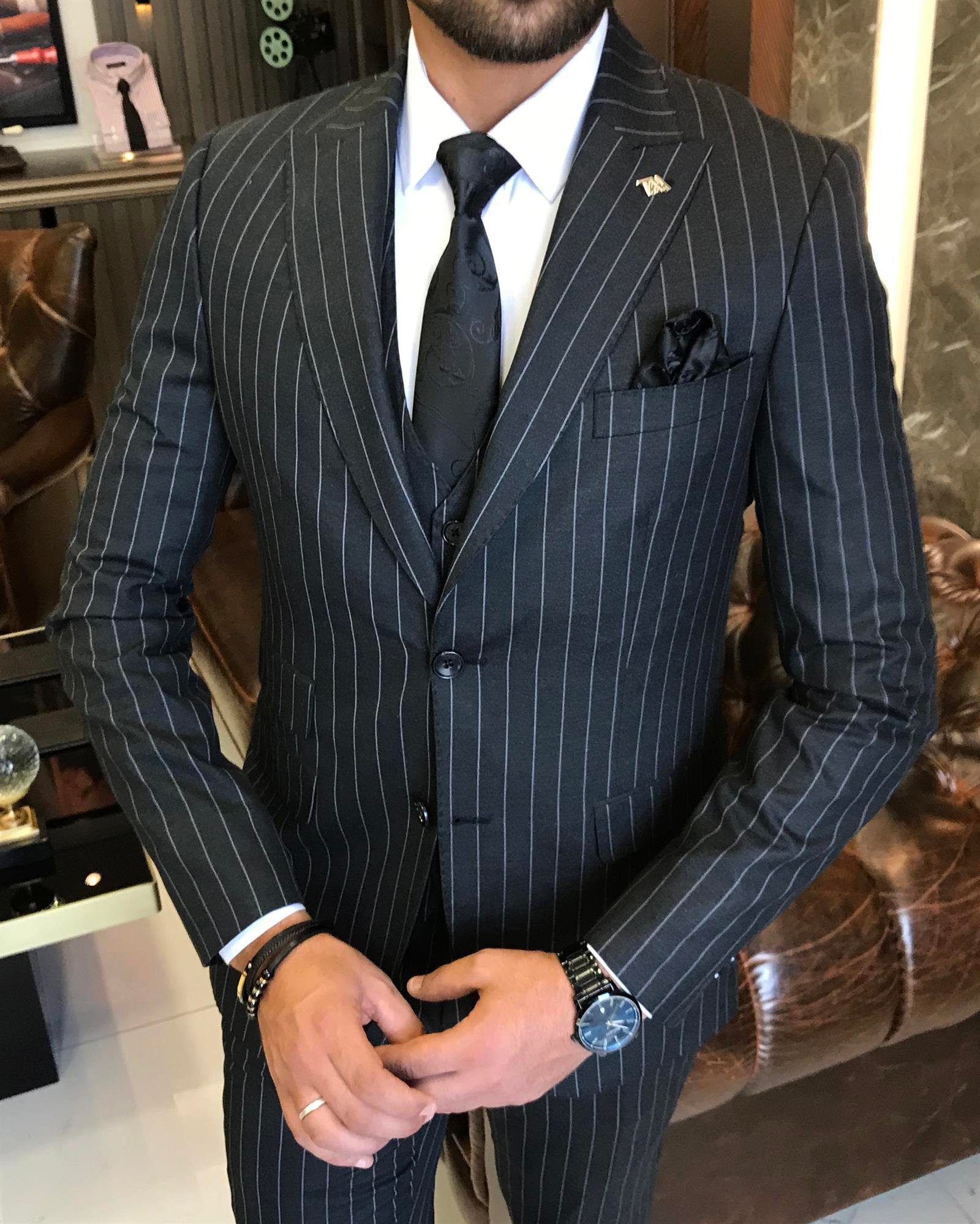 Italian style striped jacket vest trouser suit Anthracite T9929