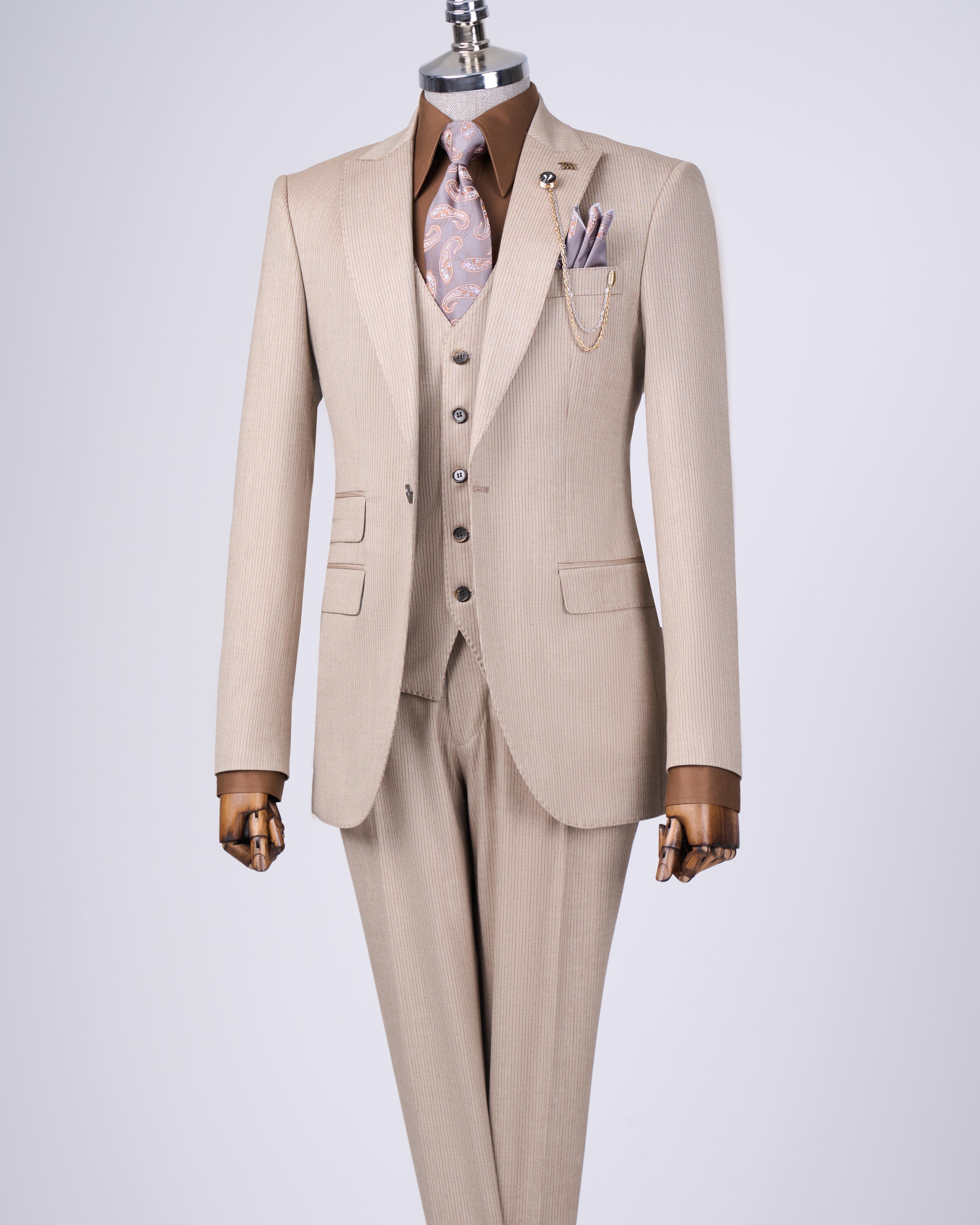 Italian style striped jacket vest trouser suit beige T10733