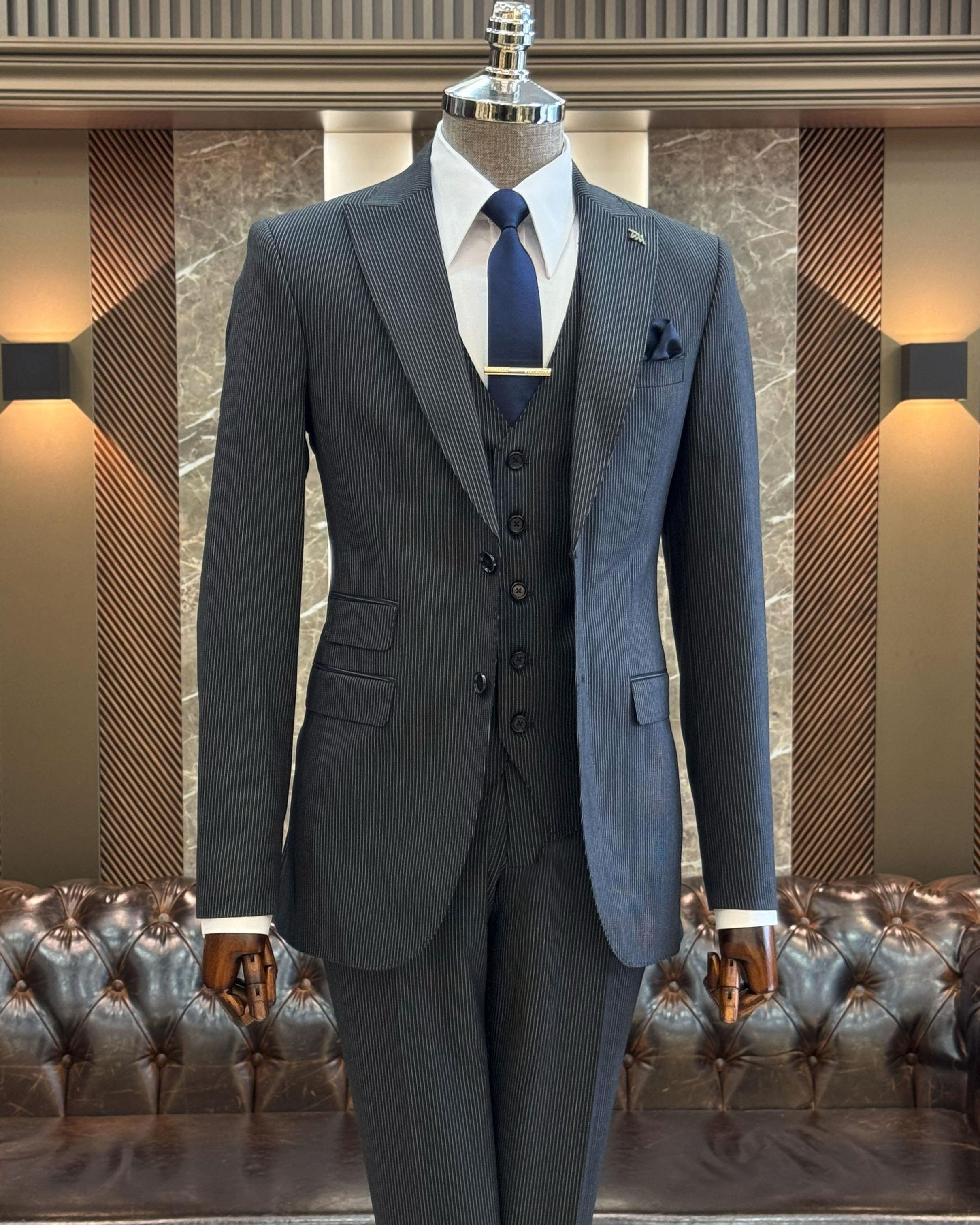 İtalyan stil çizgili ceket yelek pantolon takım elbise lacivert T10729