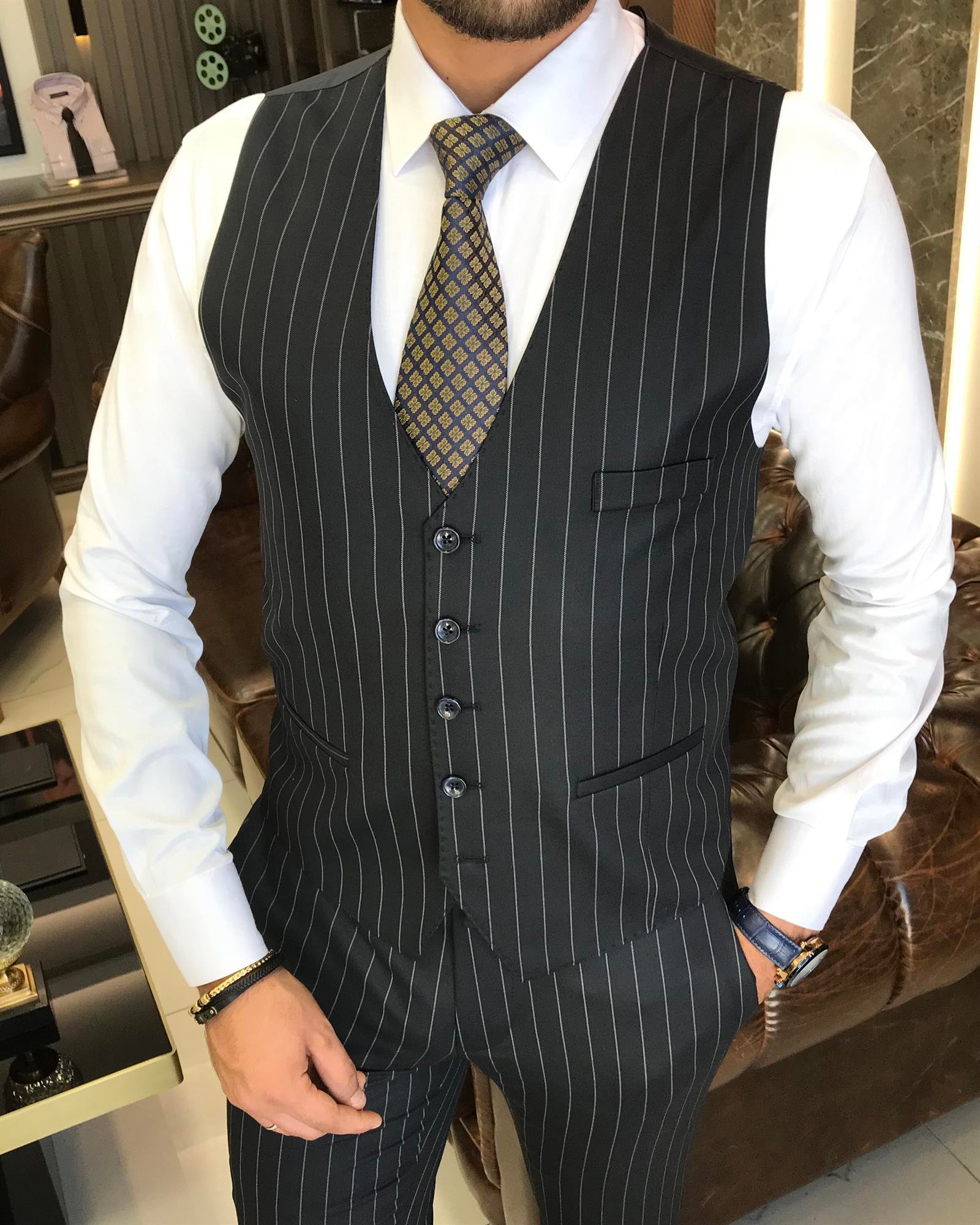 Italian style striped jacket vest trouser suit Anthracite T9929