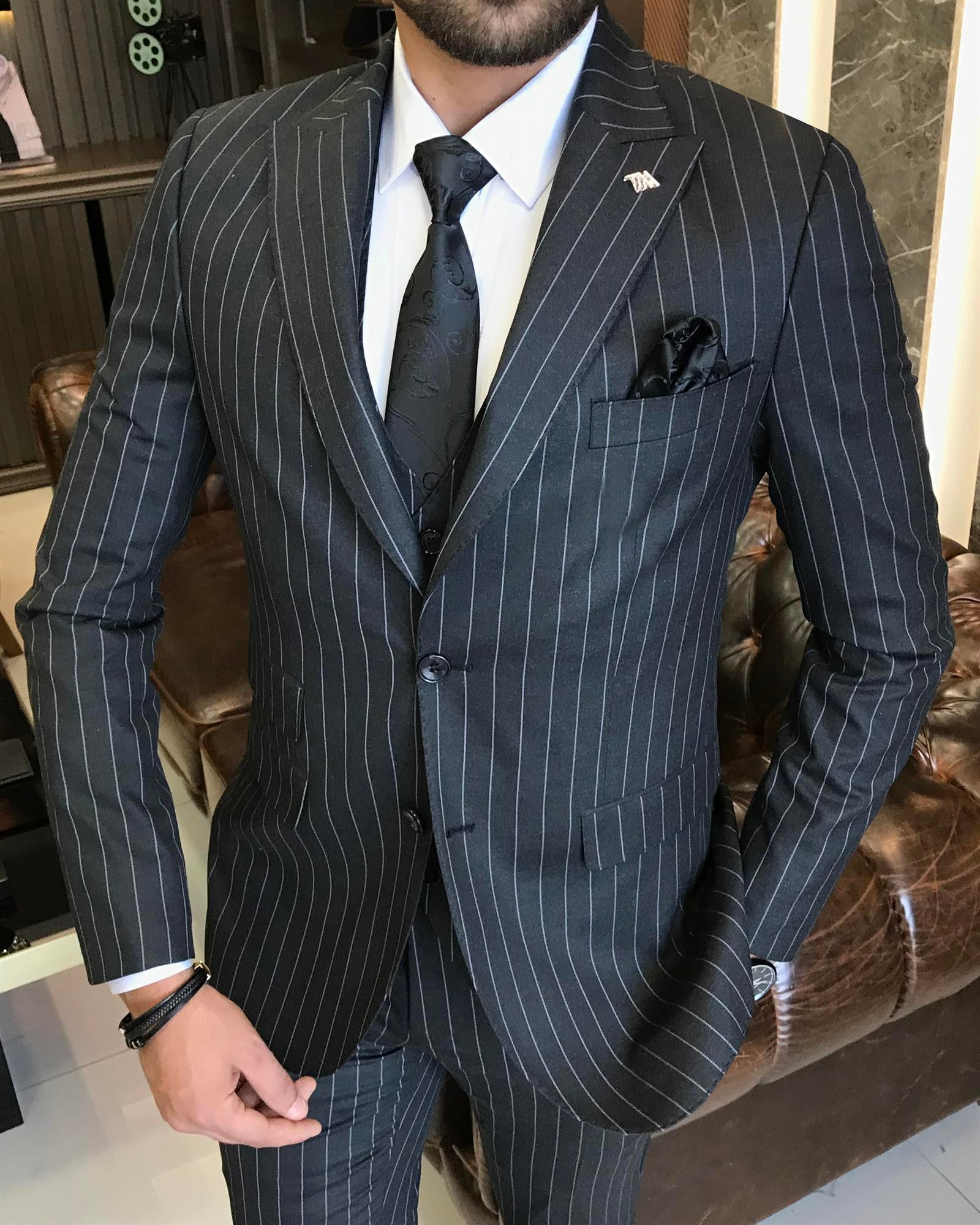 Italian style striped jacket vest trouser suit Anthracite T9929