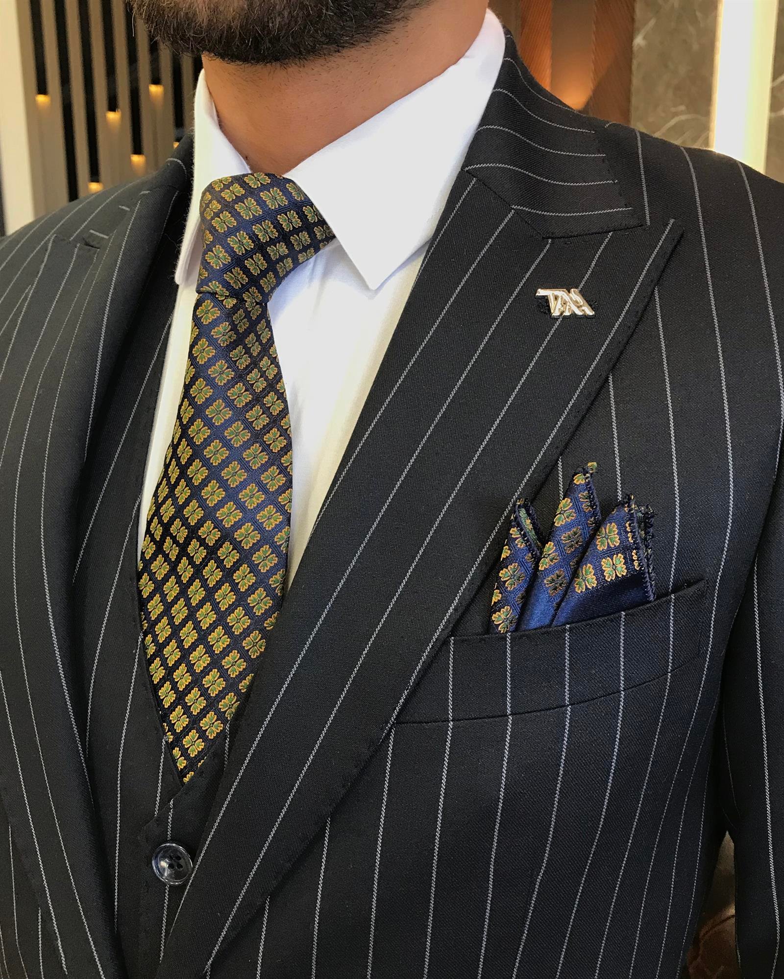 Italian style striped jacket vest trouser suit Navy Blue T9930