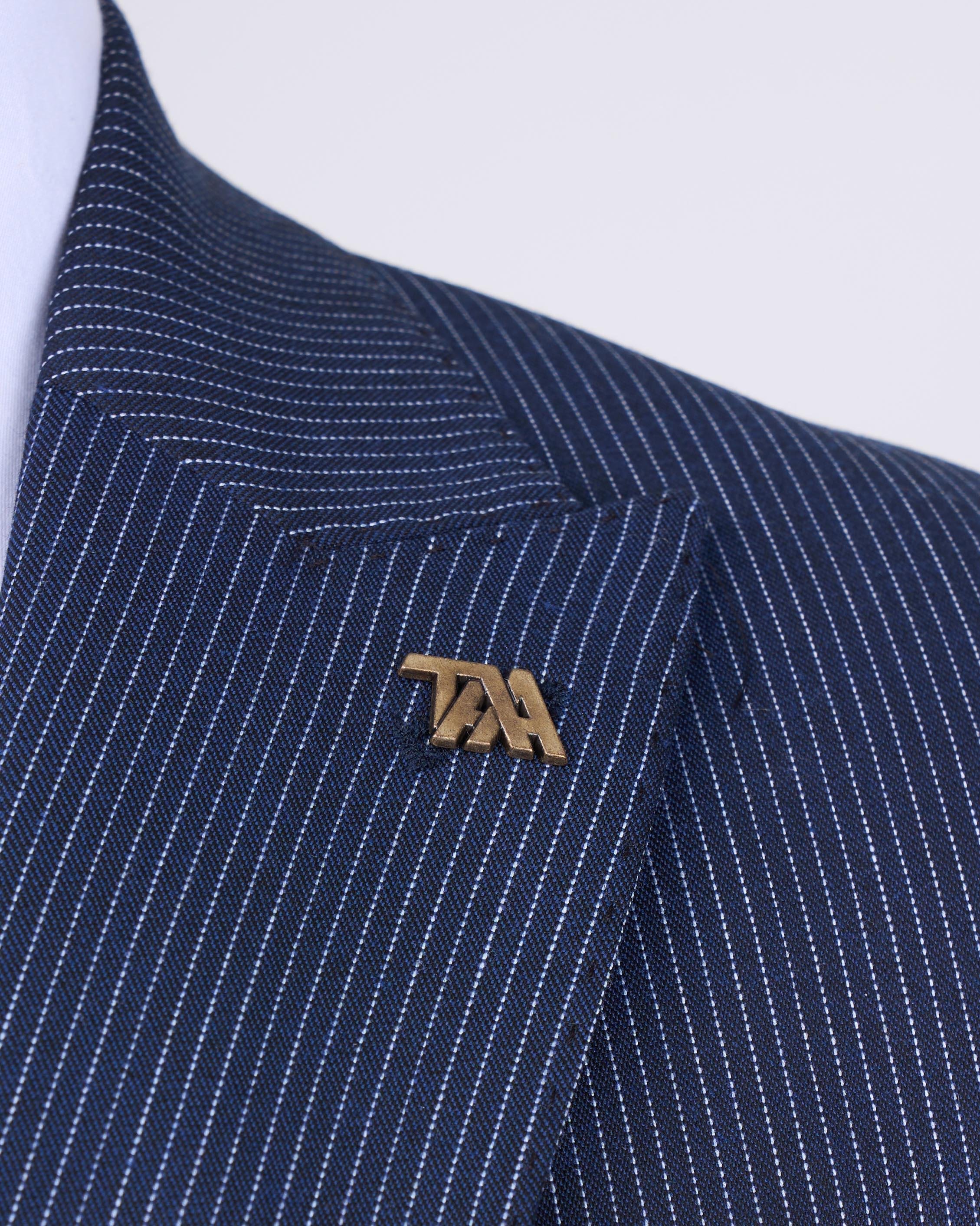 Italian style striped jacket vest trouser suit navy blue T10731