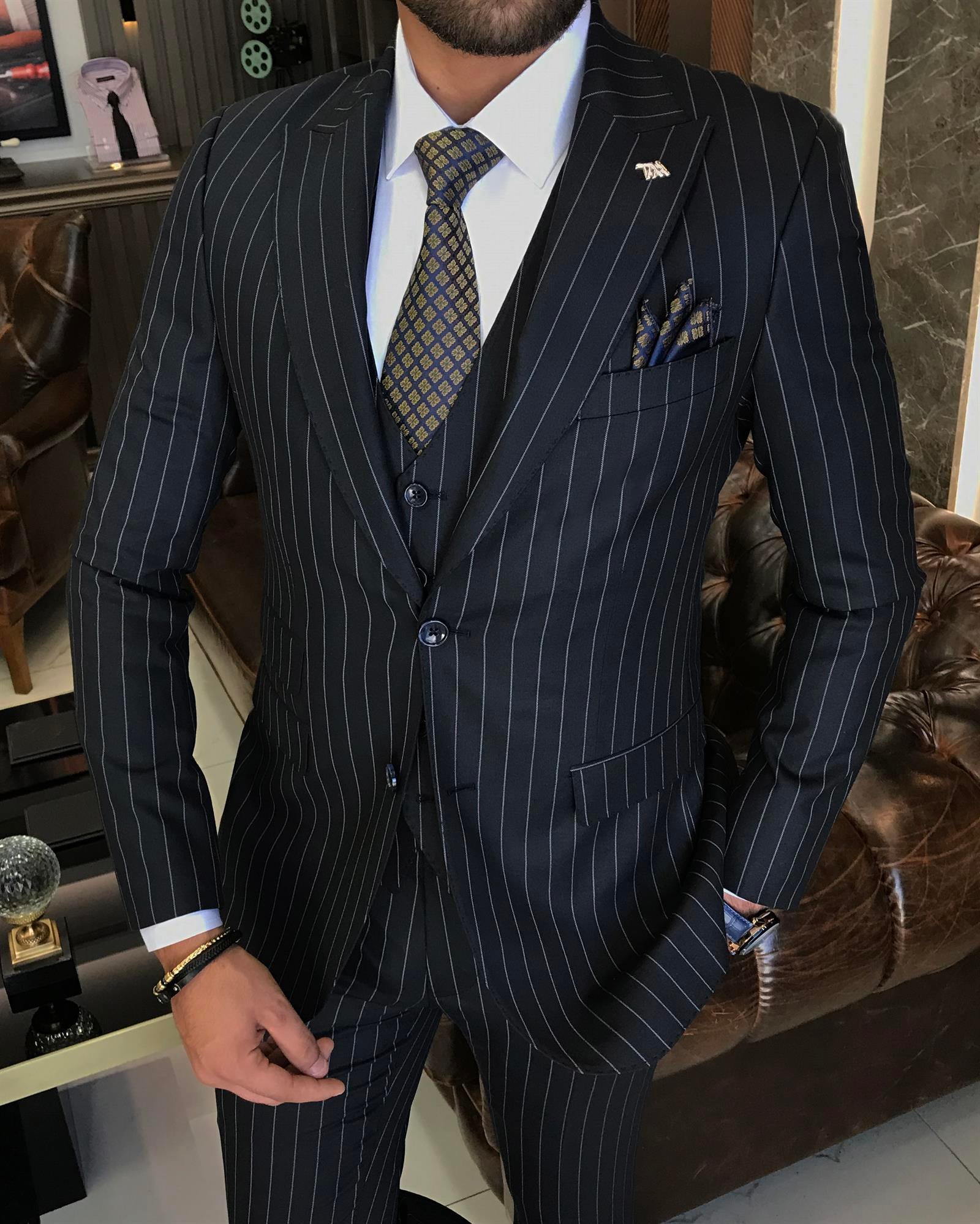 Italian style striped jacket vest trouser suit Navy Blue T9930