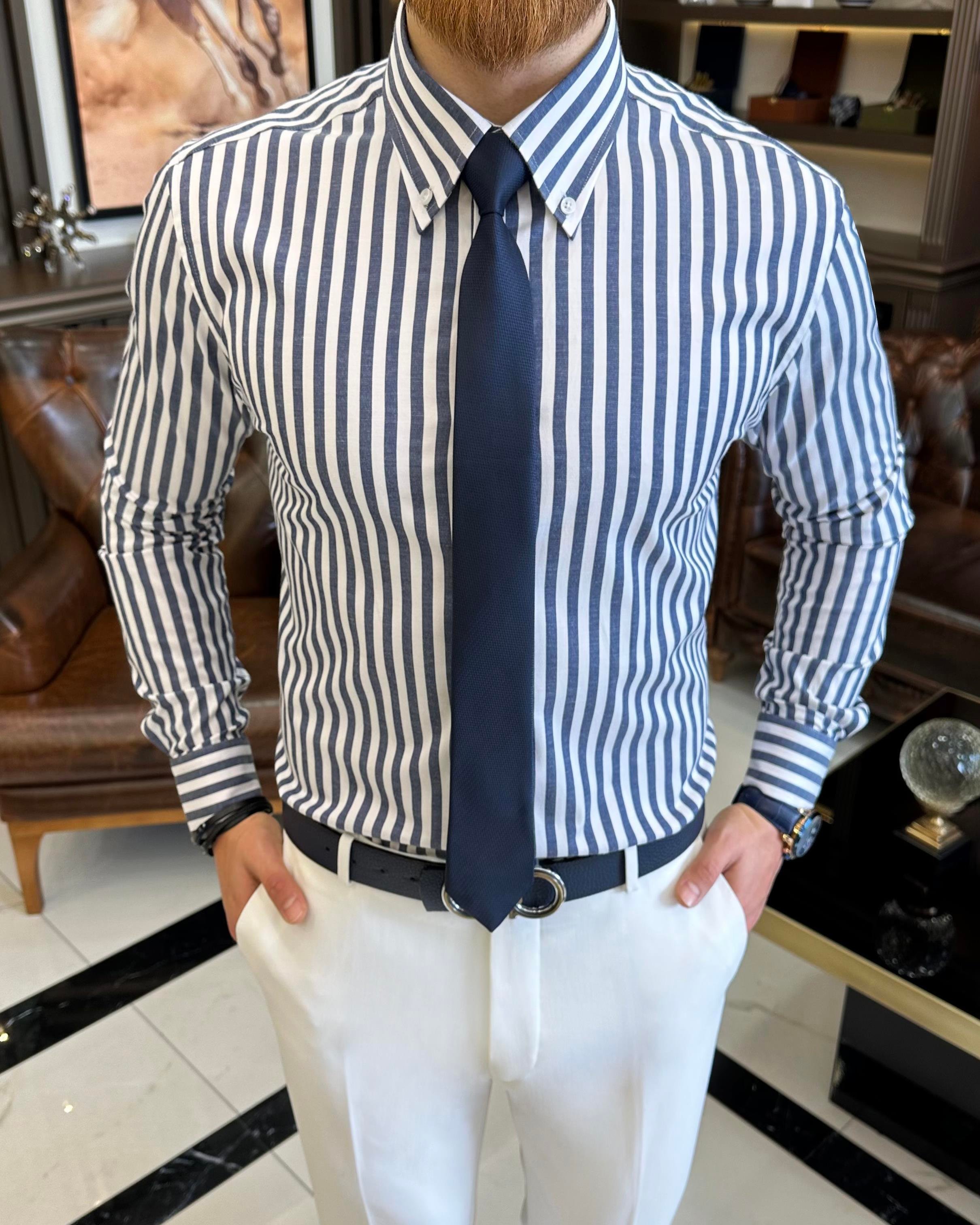 Italian style striped button collar lycra men's shirt navy blue T11137
