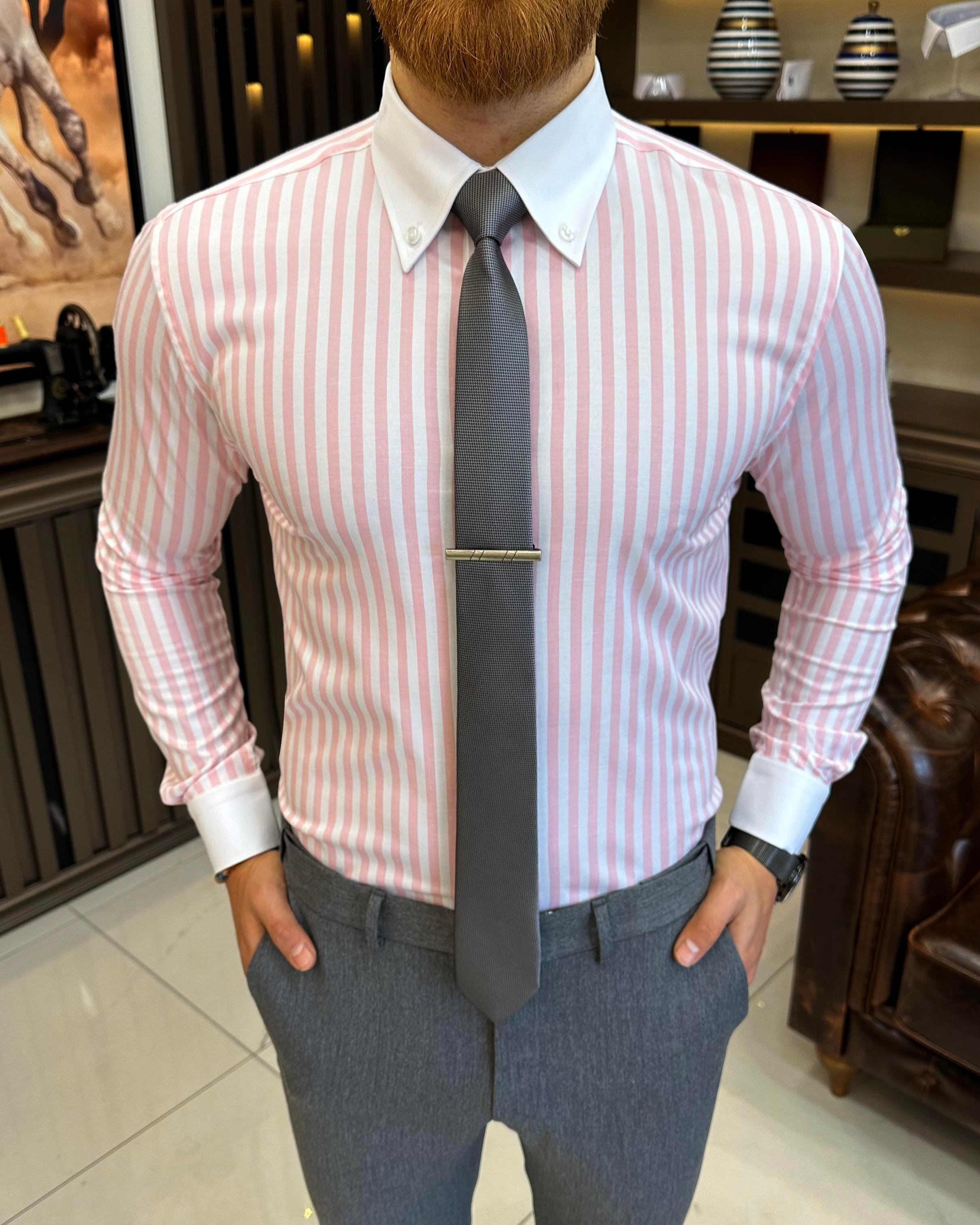 Italian style striped button collar lycra men's shirt pink T11144