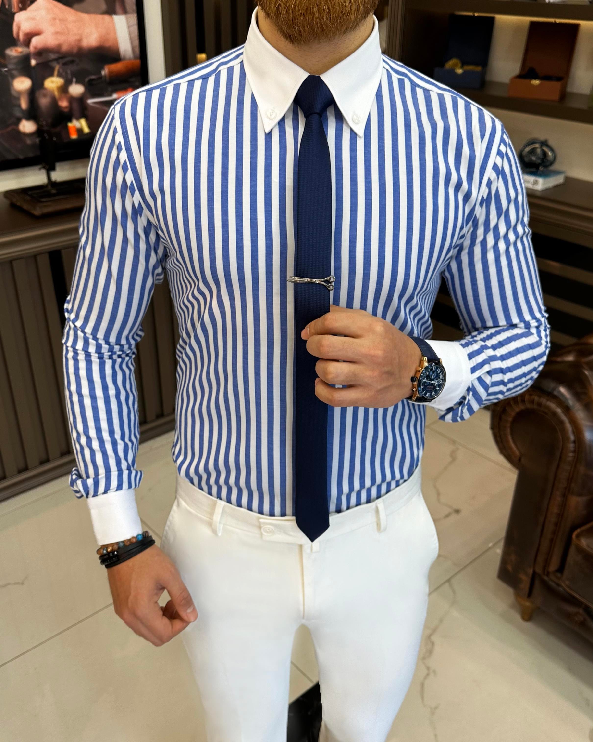 Italian style striped button collar lycra men's shirt sax T11146