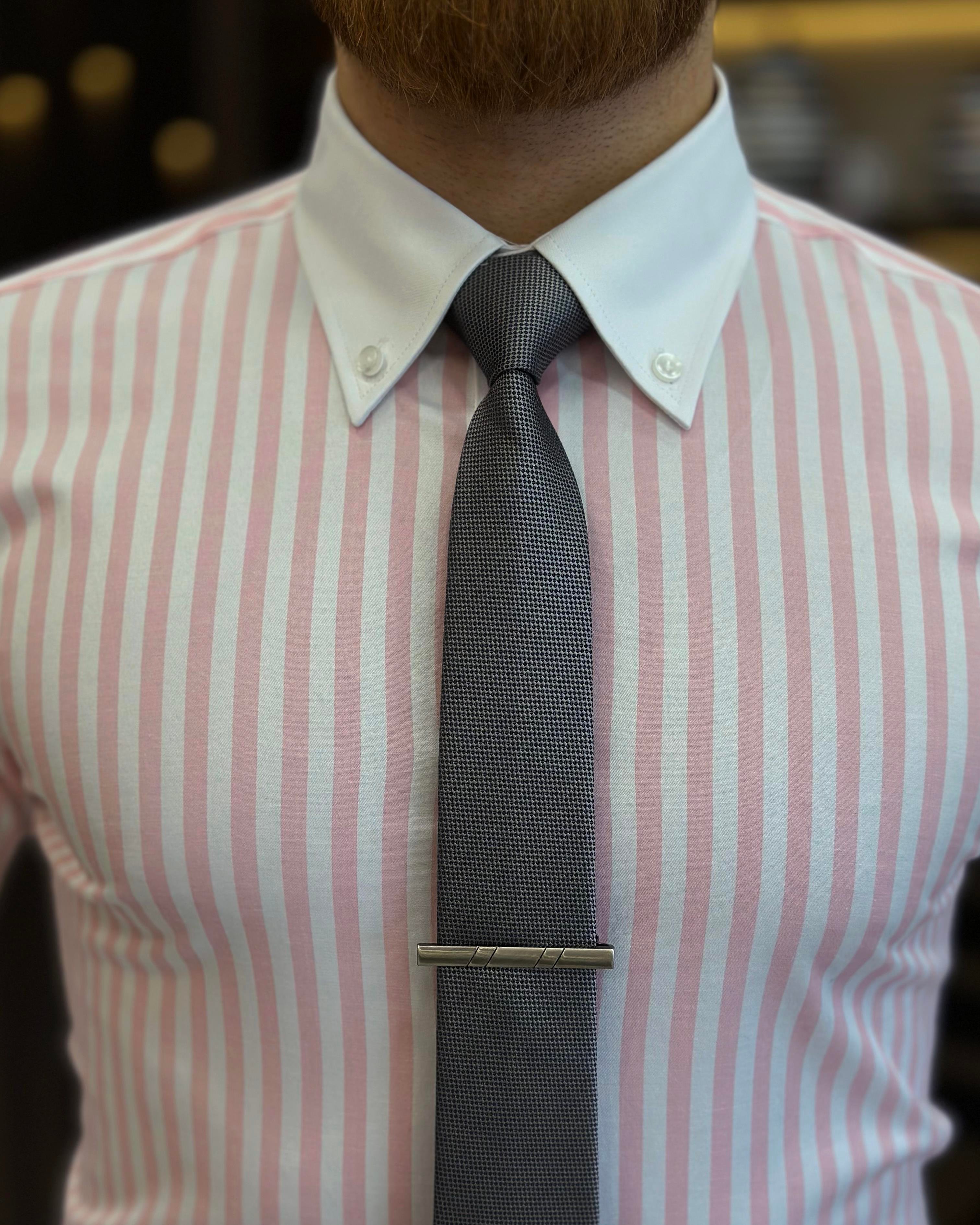 Italian style striped button collar lycra men's shirt pink T11144
