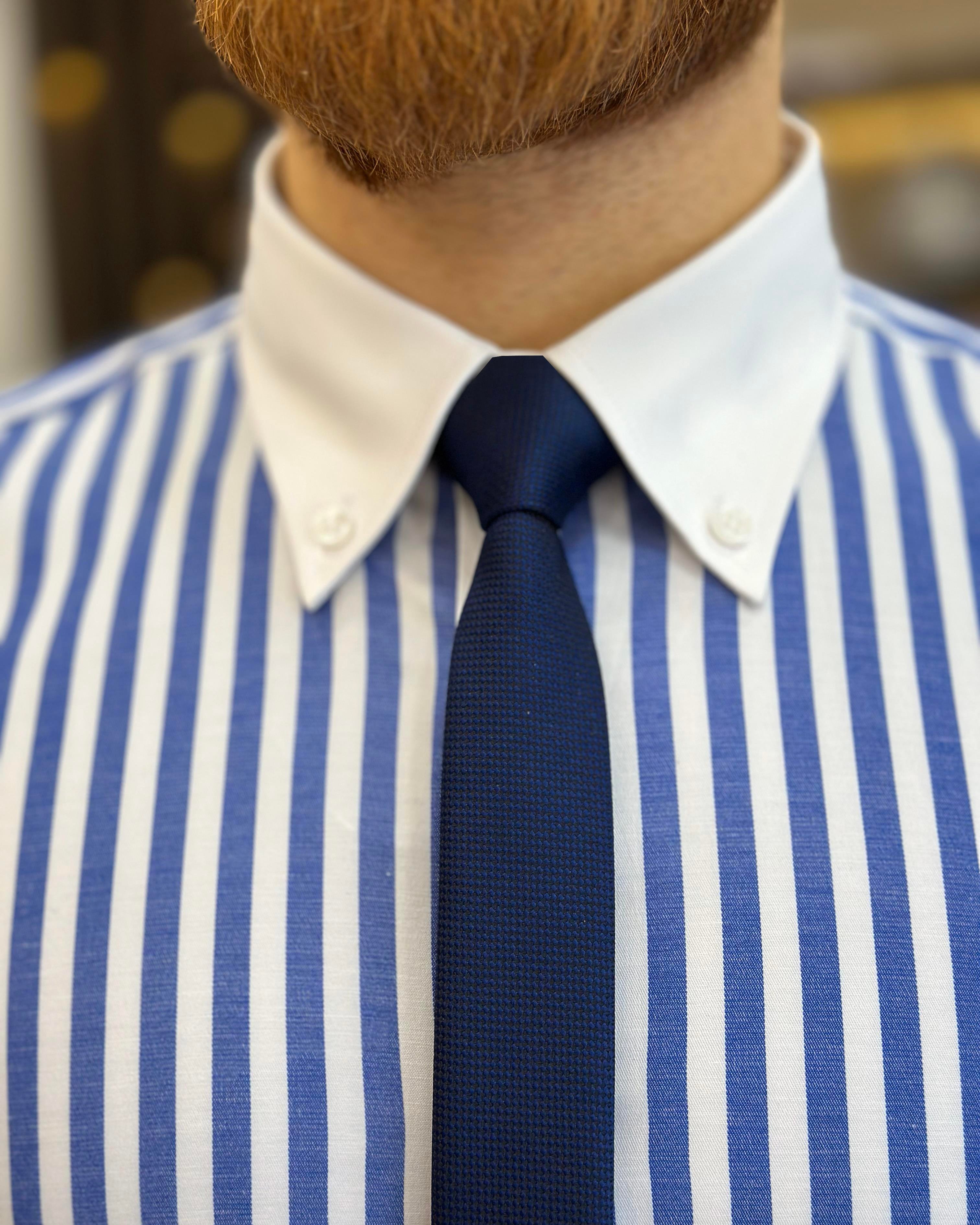 Italian style striped button collar lycra men's shirt sax T11146