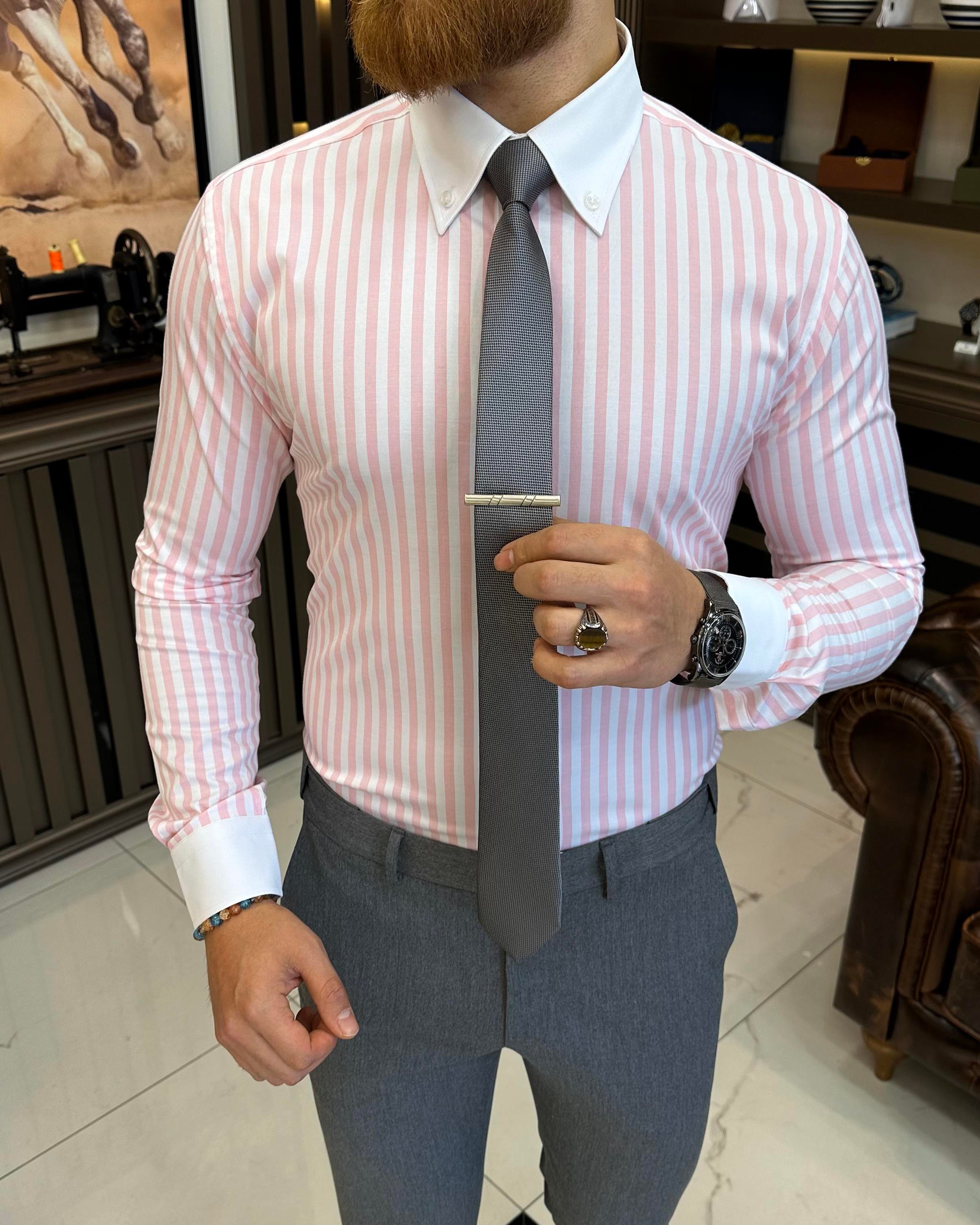 Italian style striped button collar lycra men's shirt pink T11144