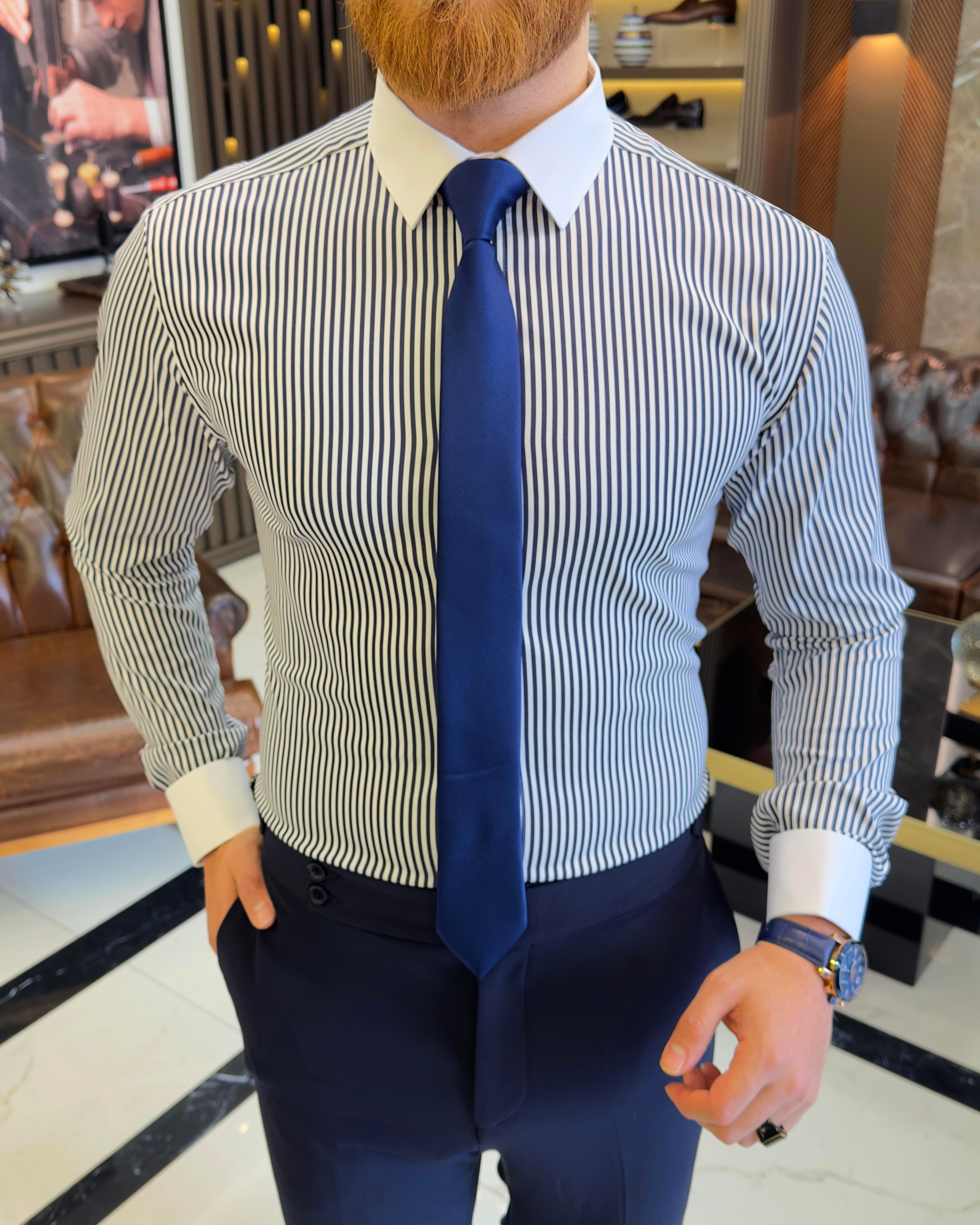 Italian style striped tie collar double cuff men's shirt navy blue T11232