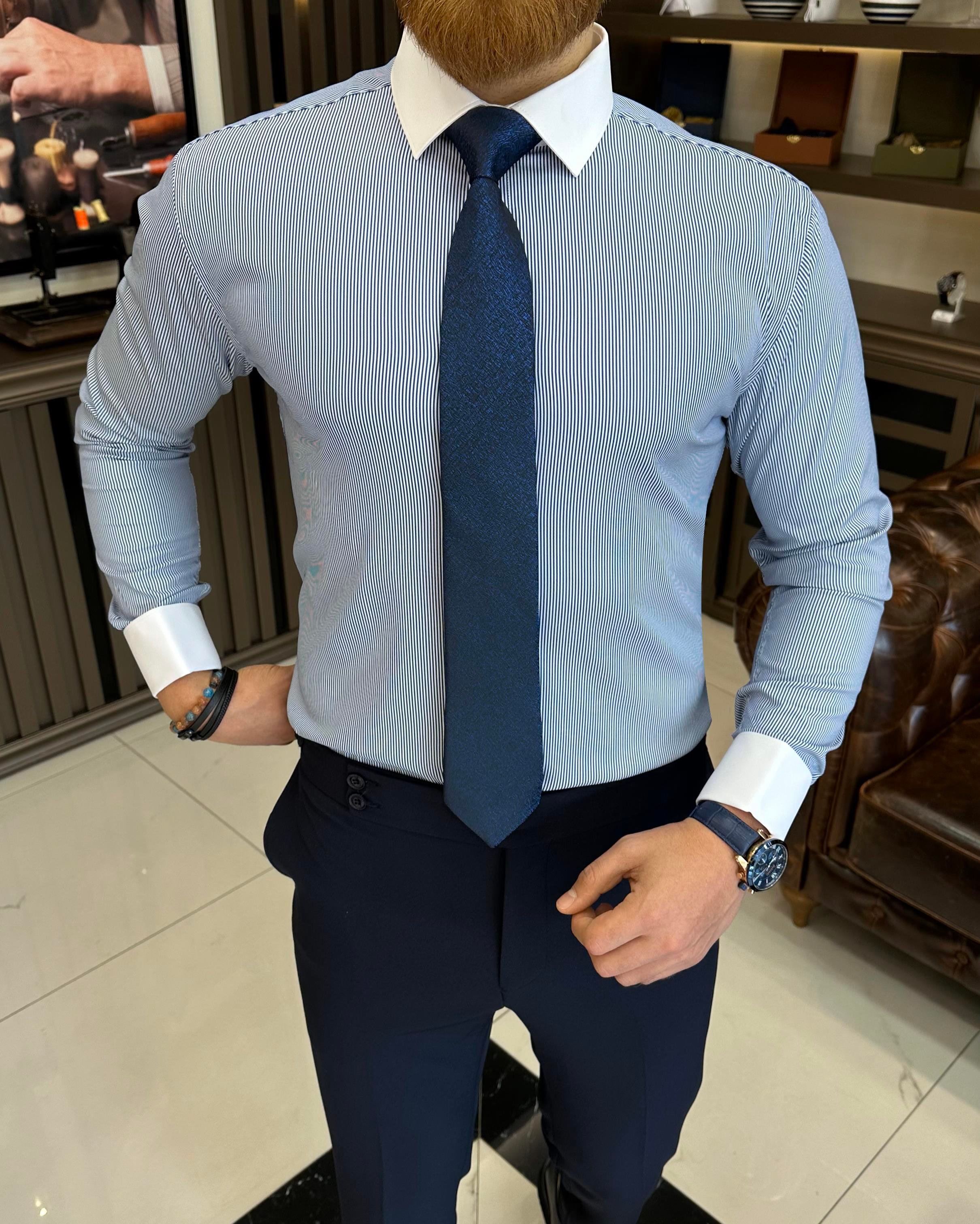 Italian style striped tie collar double cuff men's shirt saks T11243