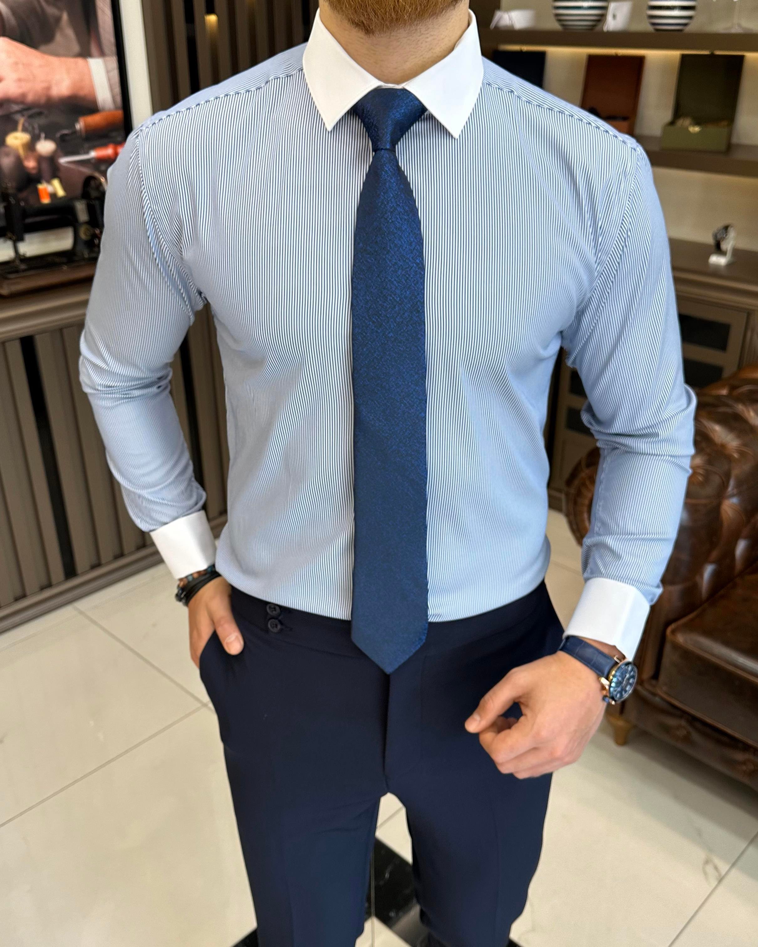 Italian style striped tie collar double cuff men's shirt saks T11243