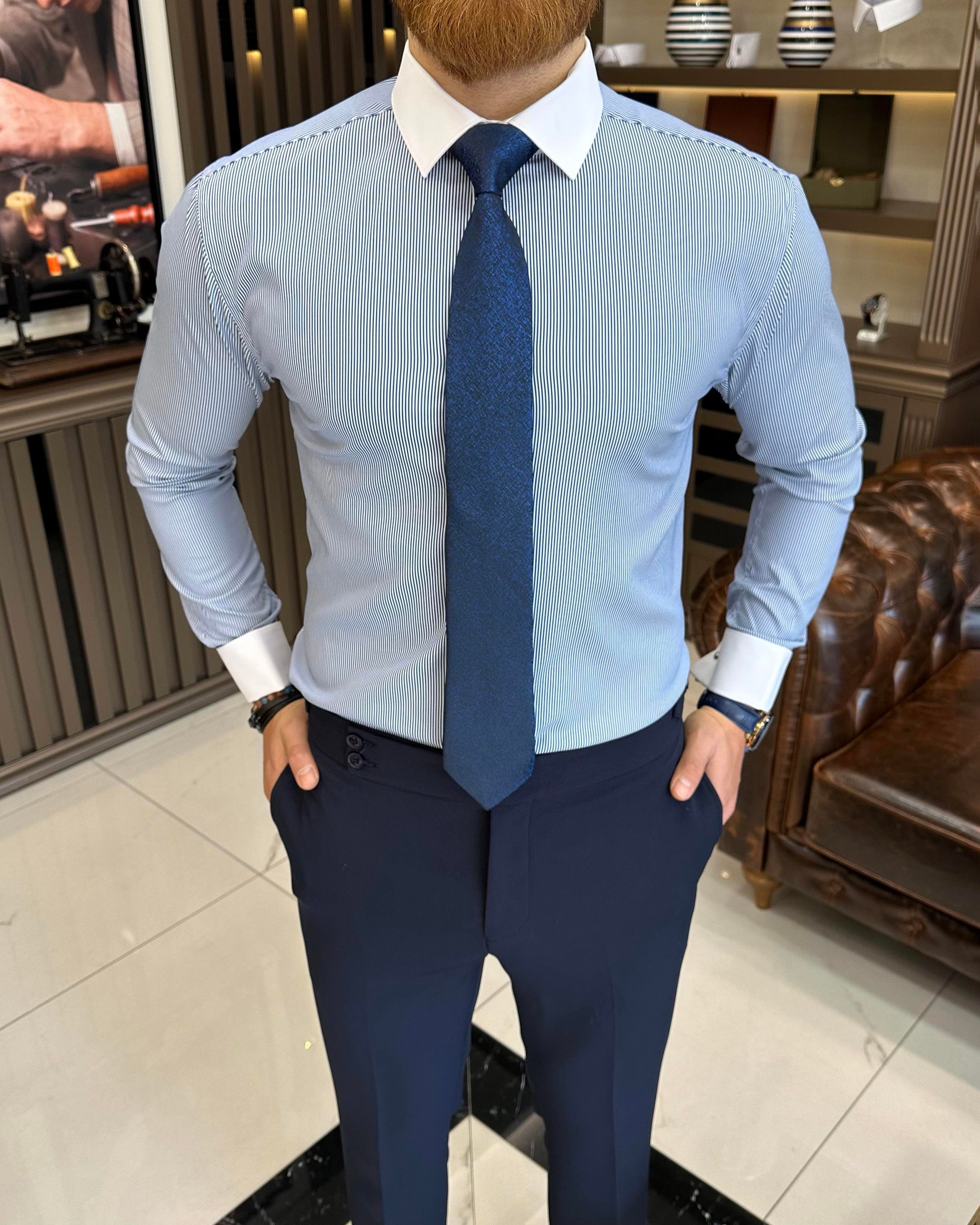 Italian style striped tie collar double cuff men's shirt saks T11243