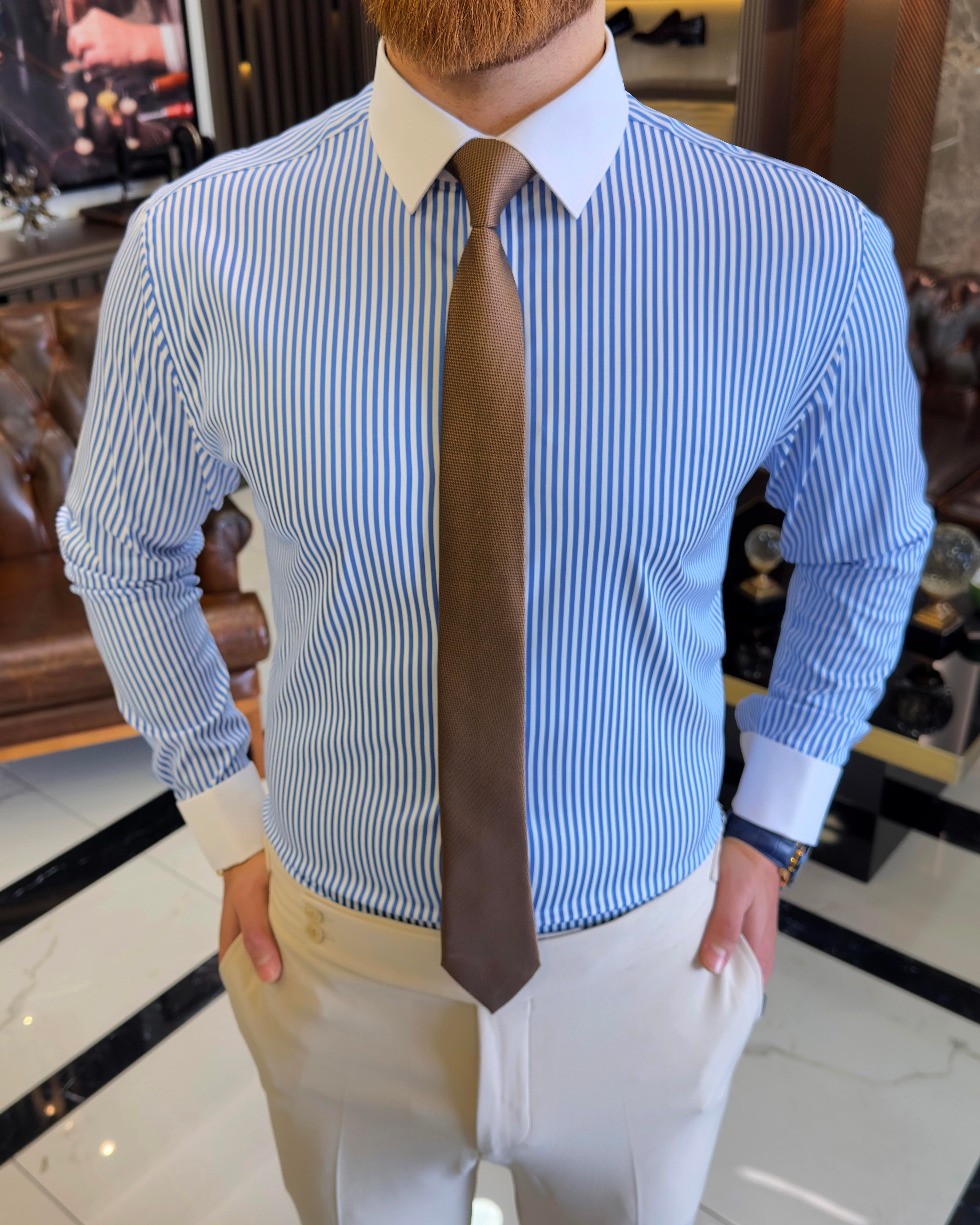 Italian style striped tie collar double cuff men's shirt blue T11233
