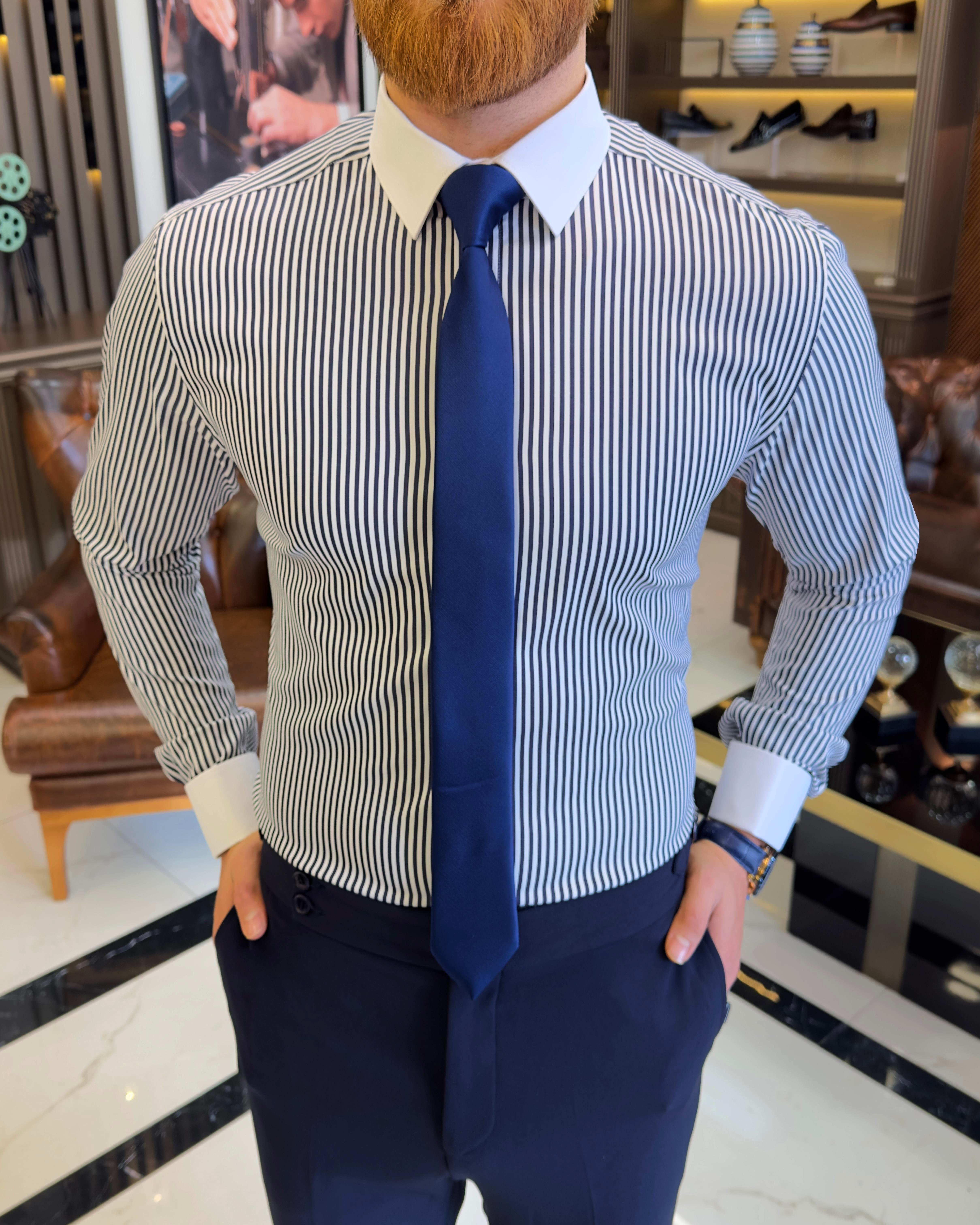 Italian style striped tie collar double cuff men's shirt navy blue T11232