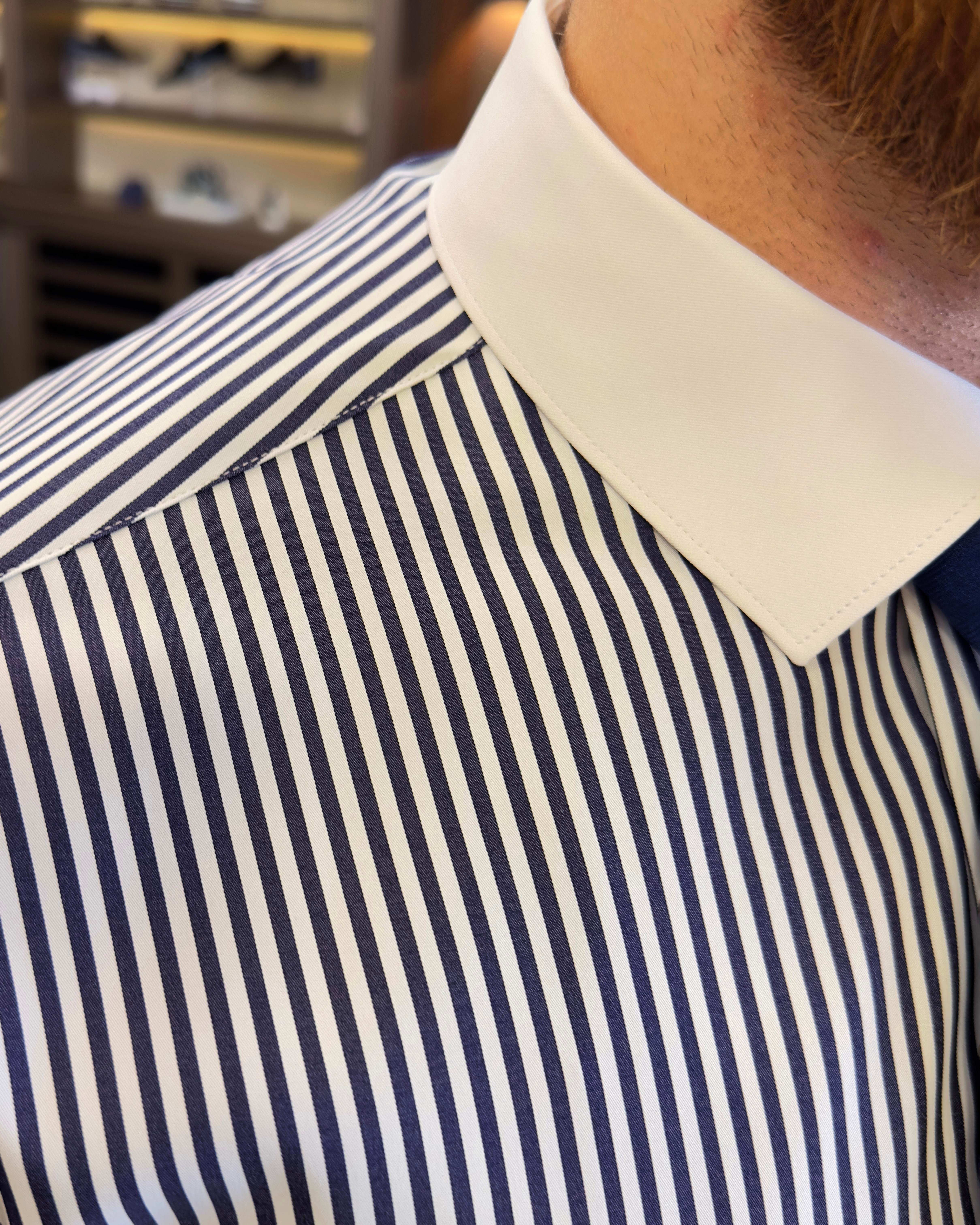 Italian style striped tie collar double cuff men's shirt navy blue T11232