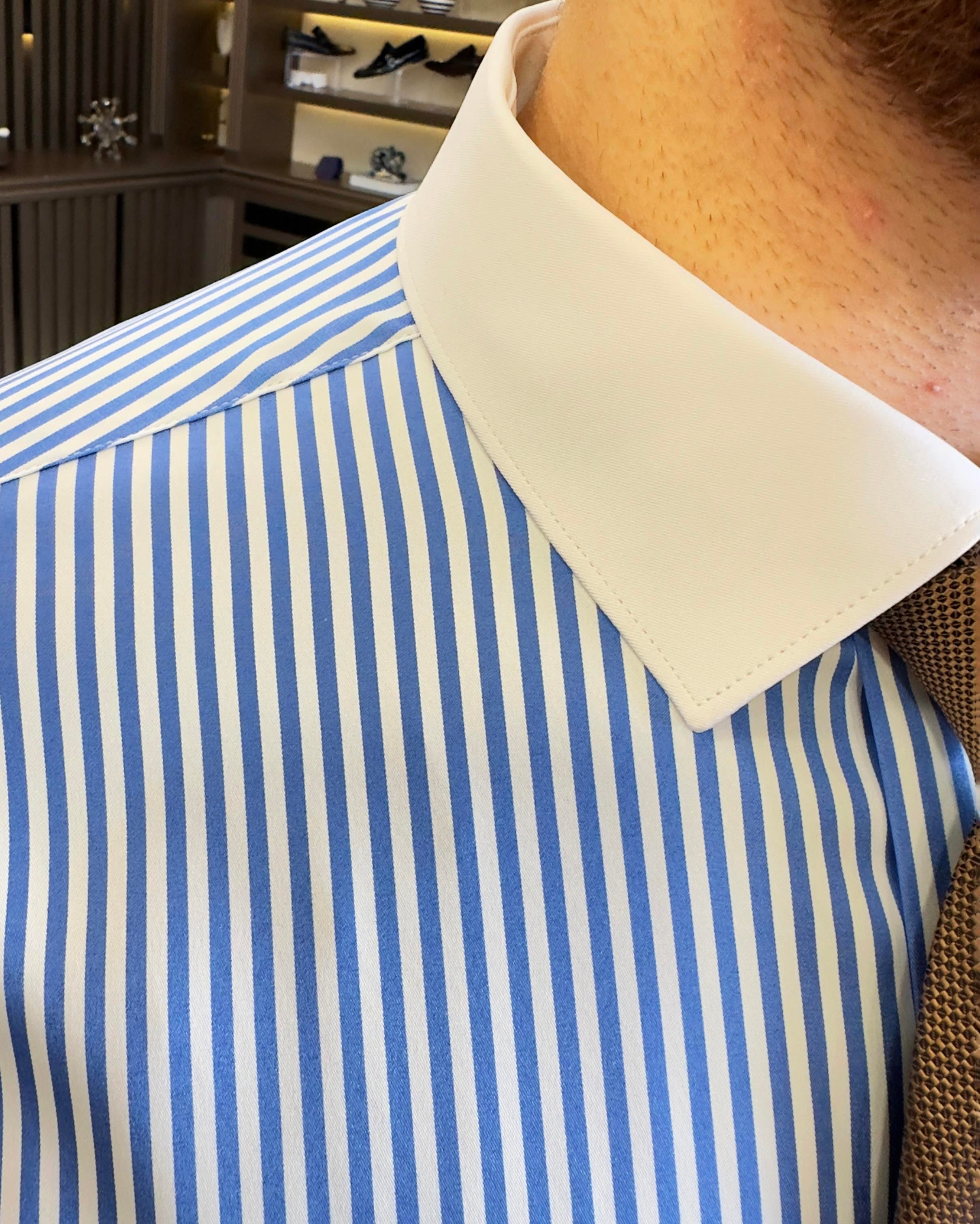 Italian style striped tie collar double cuff men's shirt blue T11233