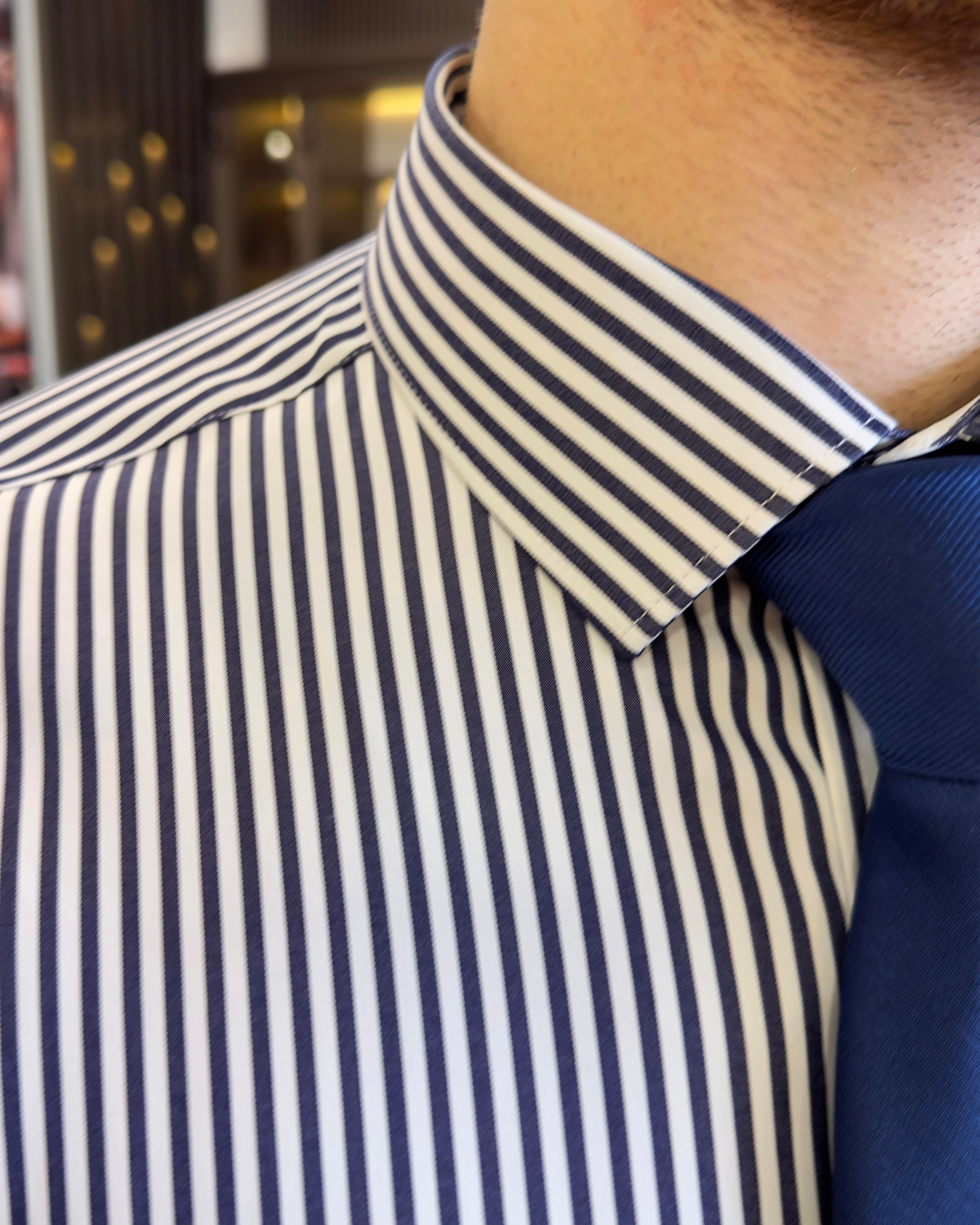Italian style striped tie collar men's shirt navy blue T11245