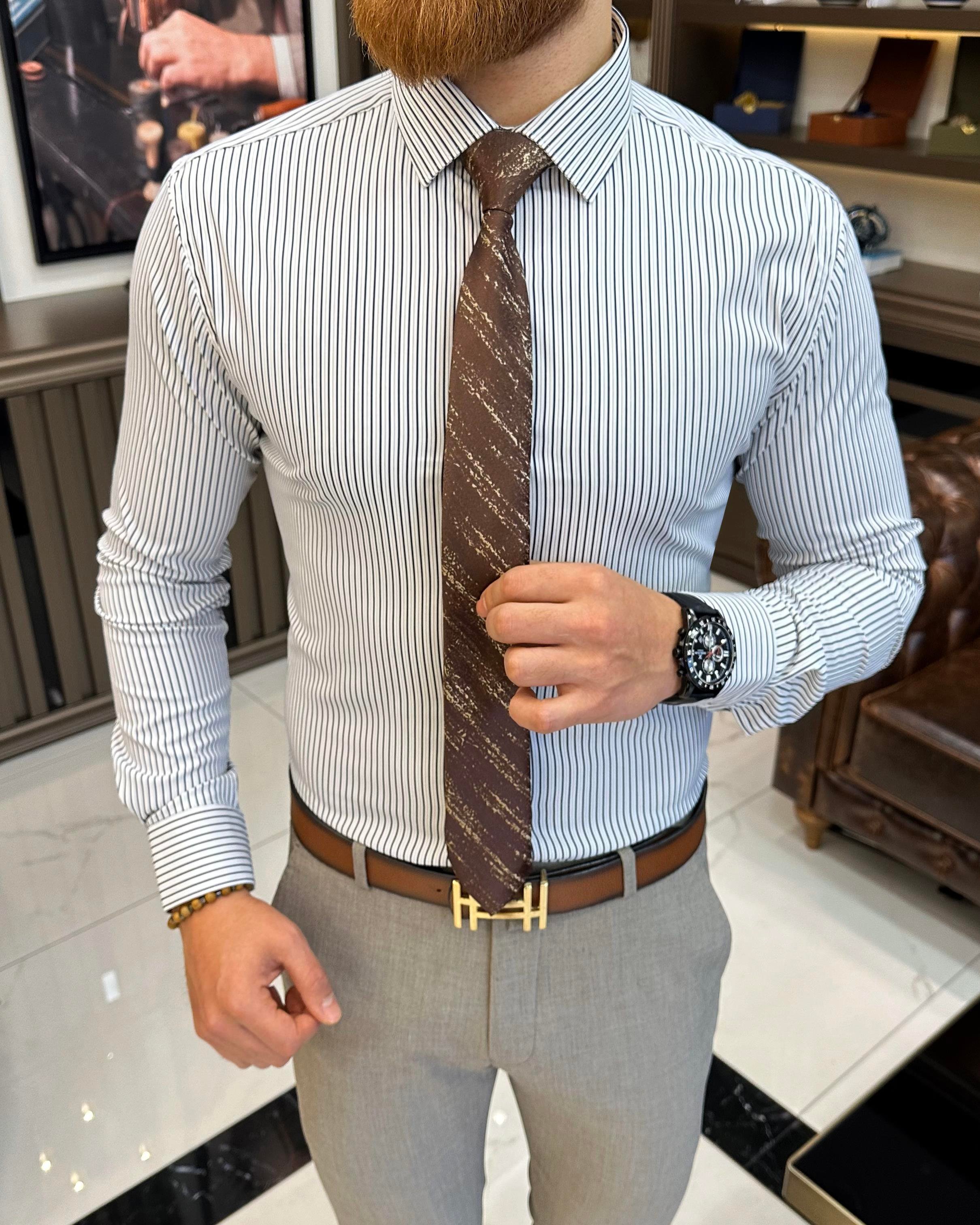 Italian style striped tie collar men's shirt navy blue T11251
