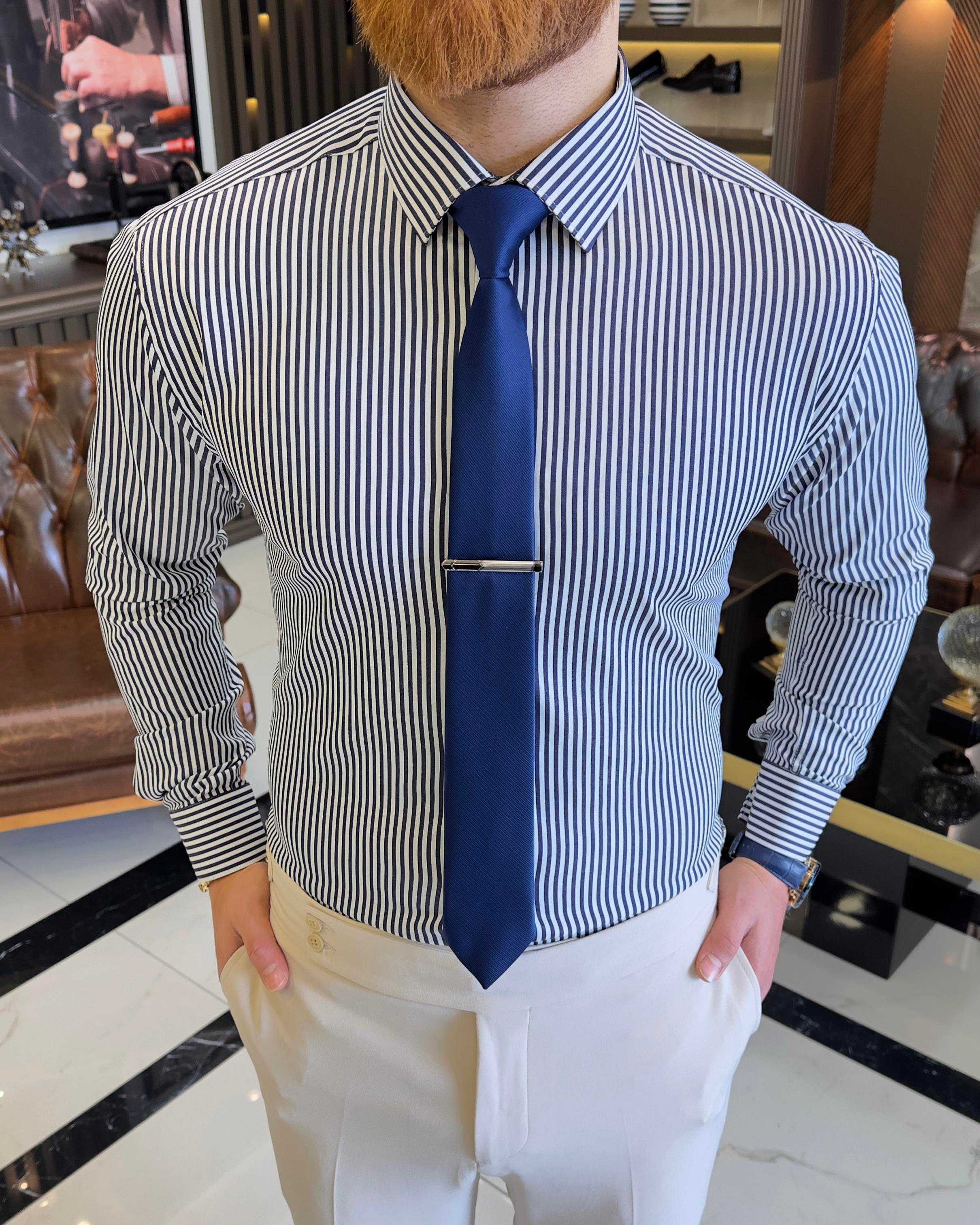 Italian style striped tie collar men's shirt navy blue T11245