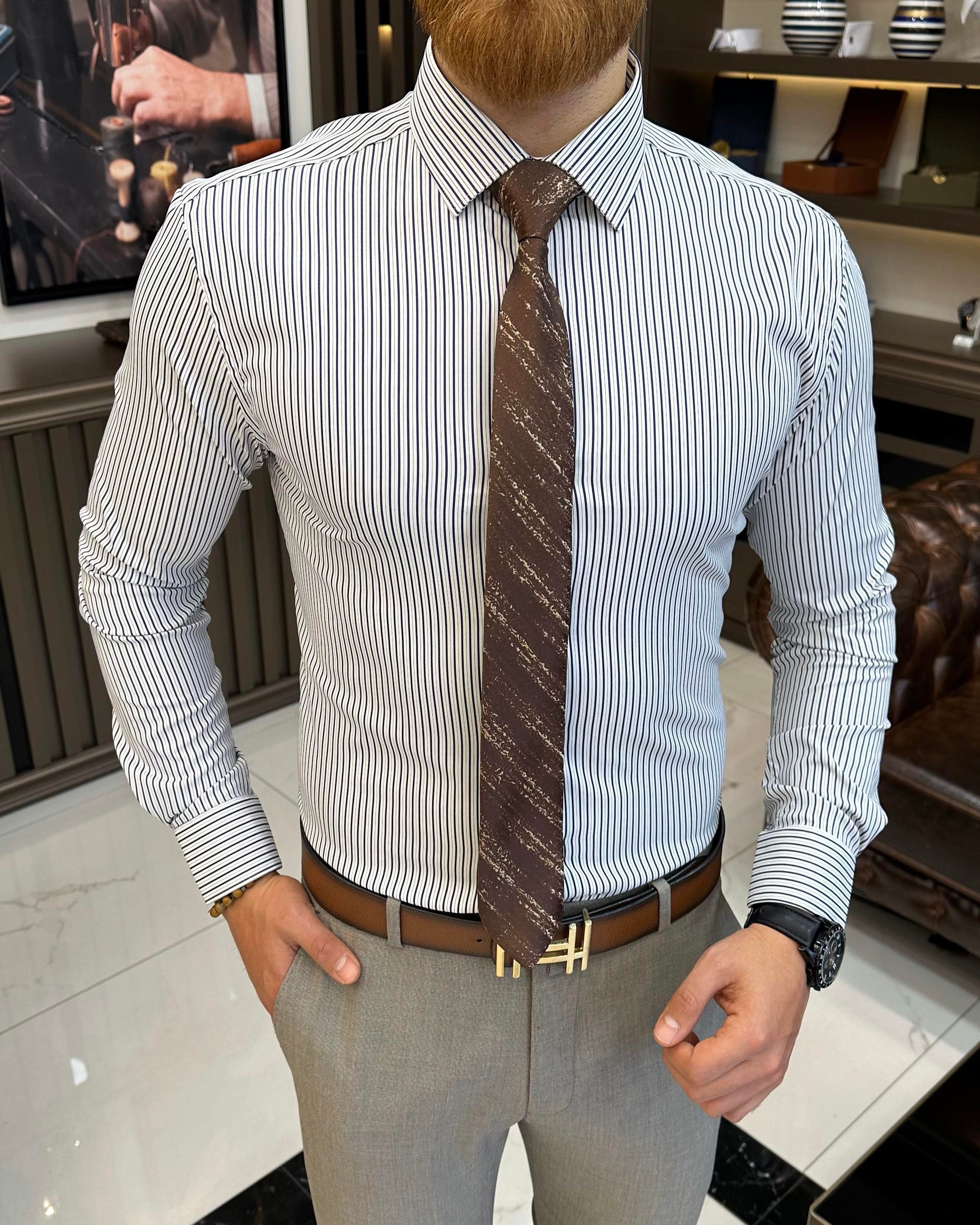 Italian style striped tie collar men's shirt navy blue T11251