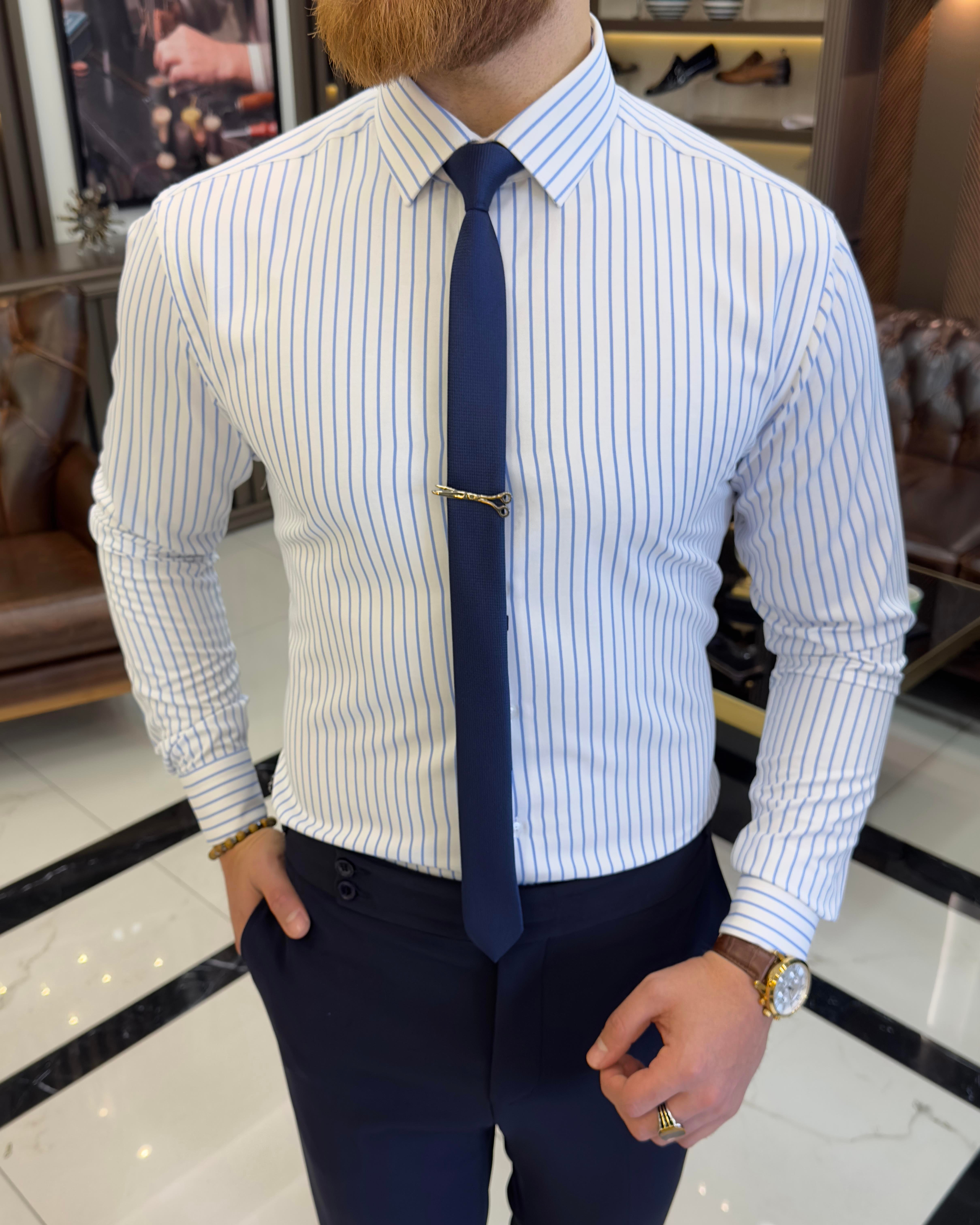 Italian style striped tie collar cotton men's shirt saks T11188
