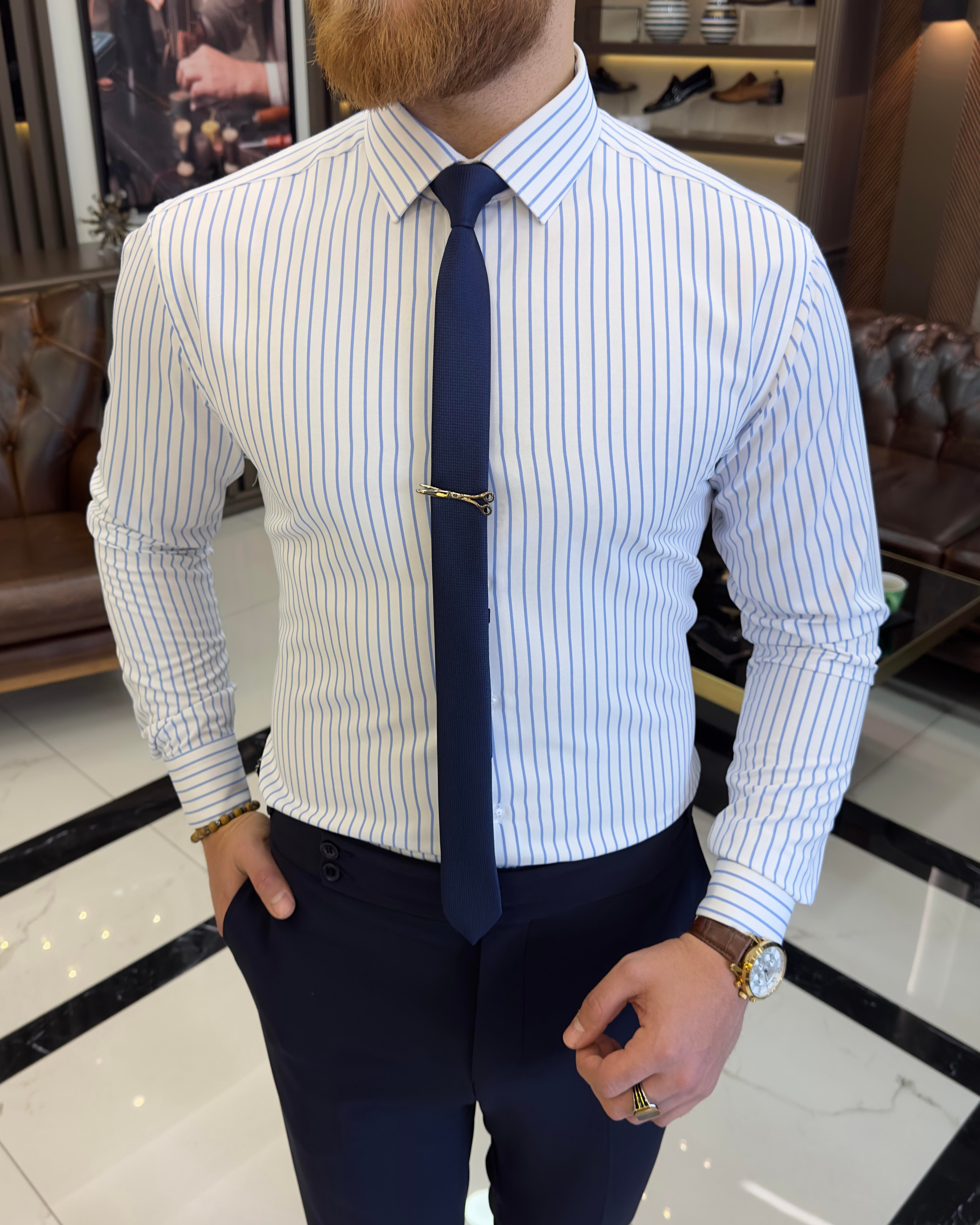 Italian style striped tie collar cotton men's shirt saks T11188