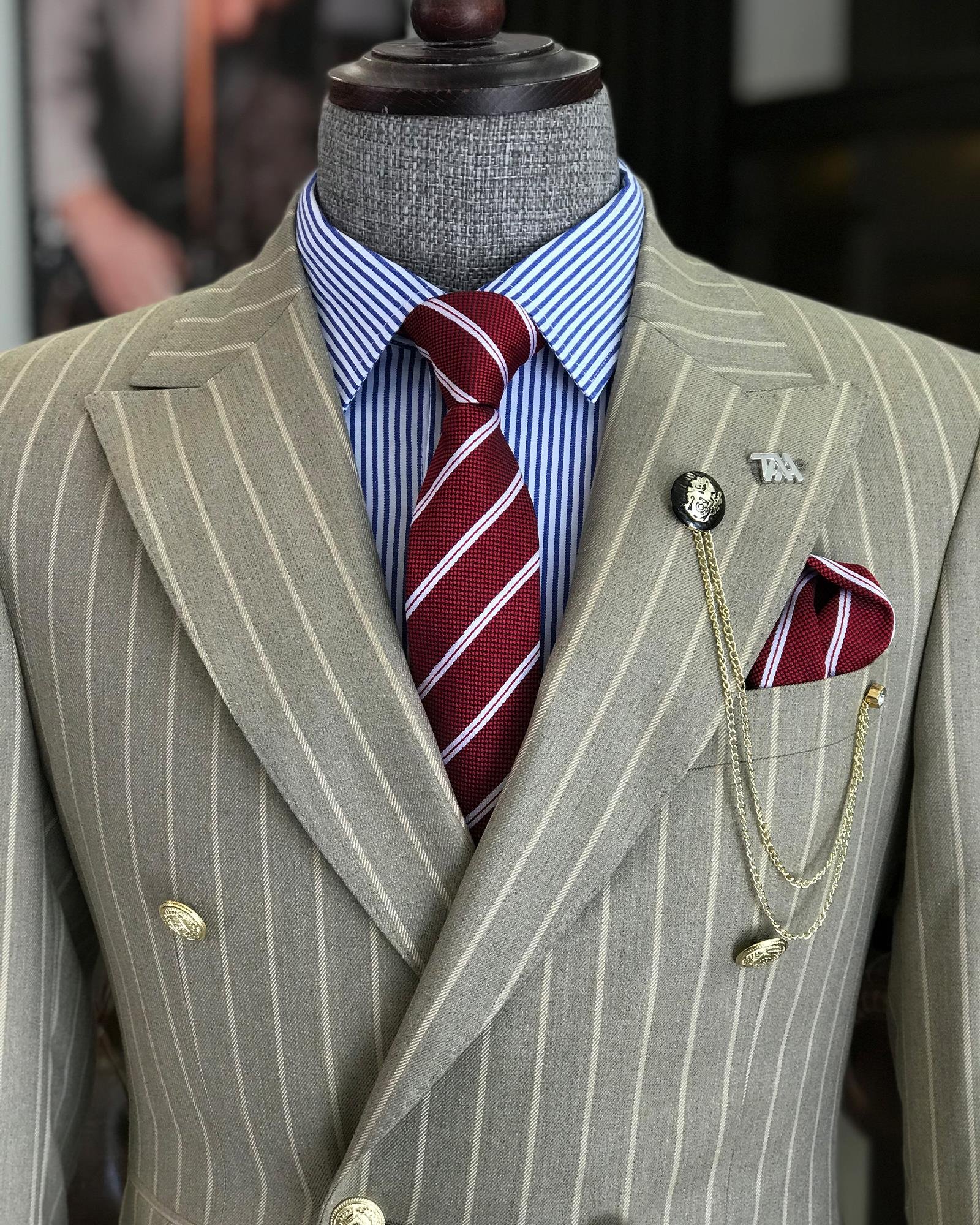 Italian Style Striped Double Breasted Jacket Pants Suit Suit Beige T8377