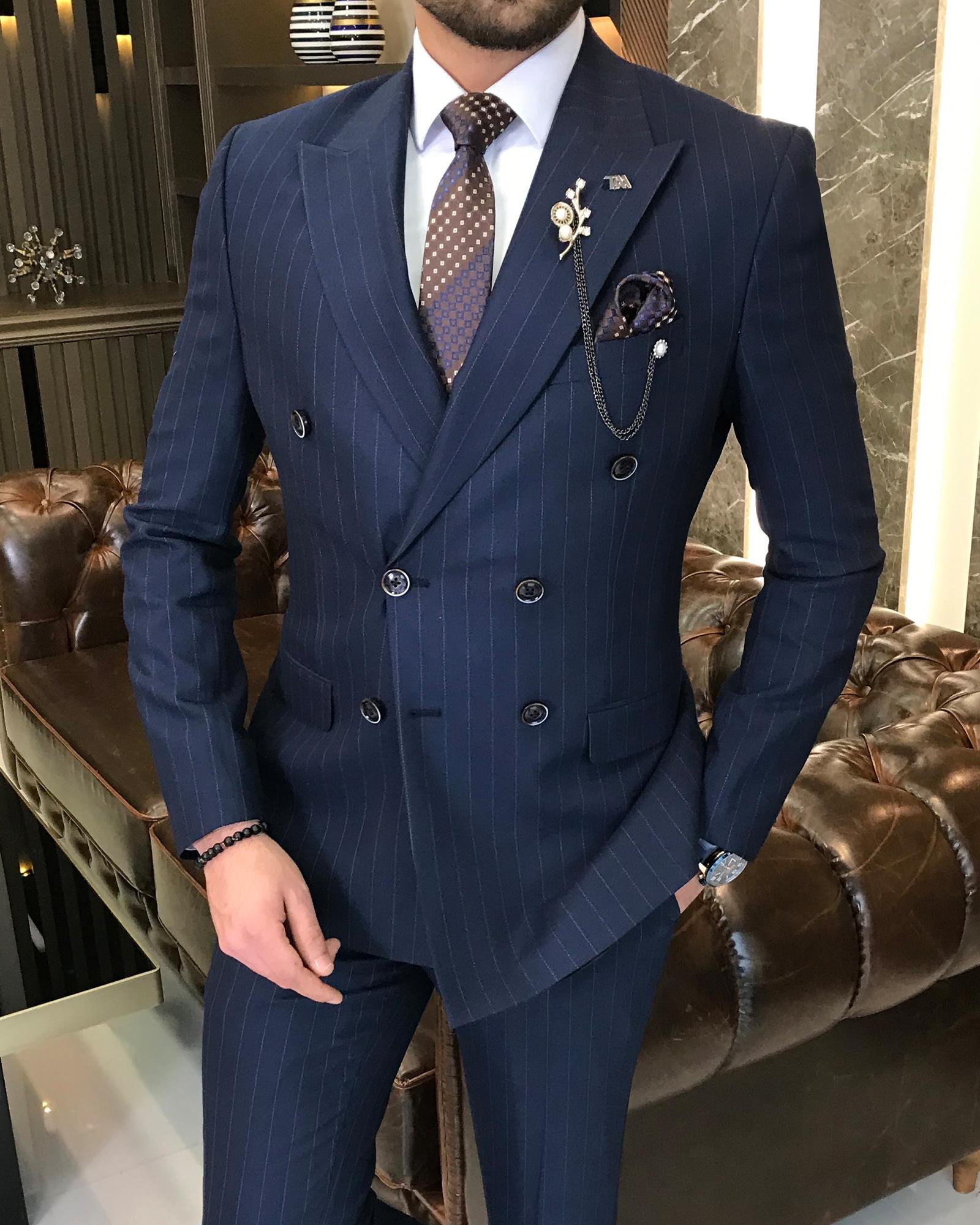 Italian style striped double-breasted jacket trouser suit navy blue T9069