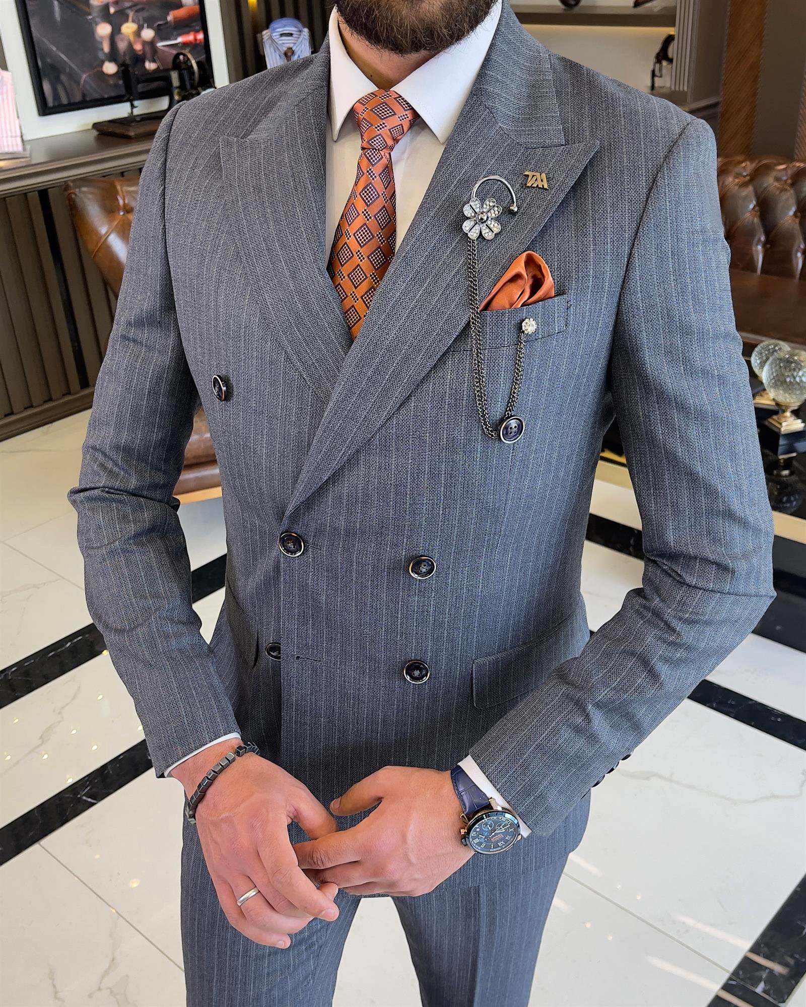 Italian style striped double-breasted jacket trouser suit navy blue T9546