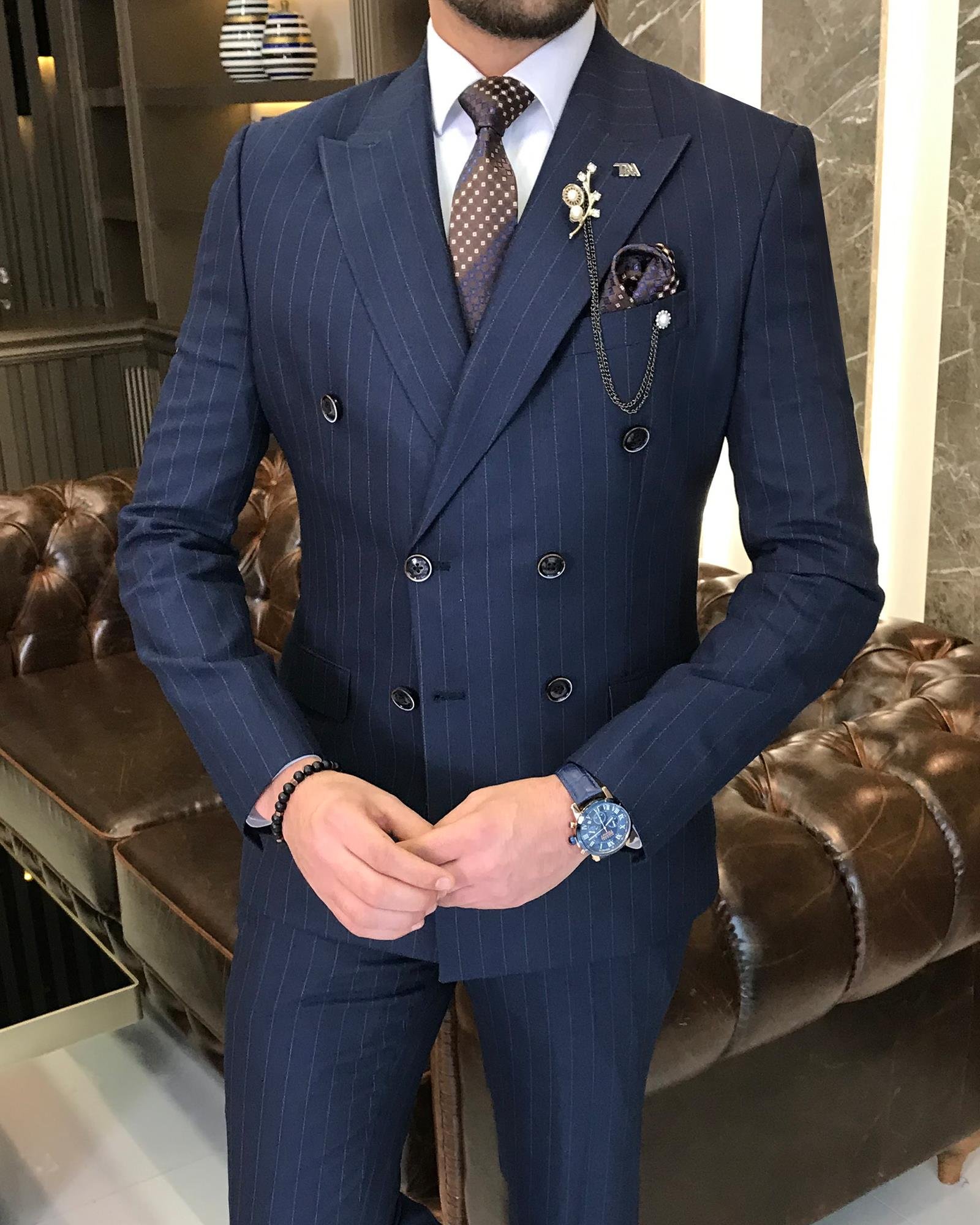 Italian style striped double-breasted jacket trouser suit navy blue T9069
