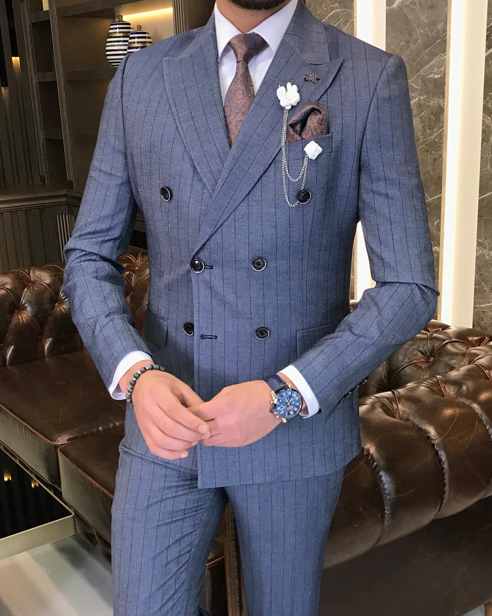 Italian style striped double-breasted jacket trouser suit blue T9067