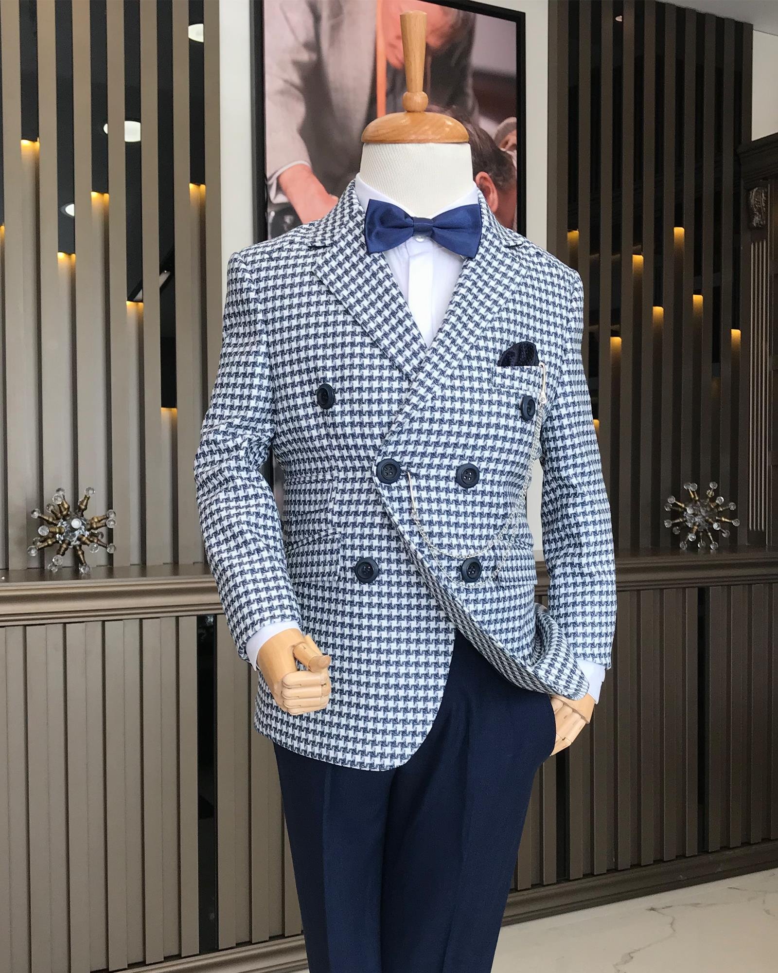 İtalyan stil çocuk kruvaze kazayağı desen zincir detaylı tek ceket lacivert T8977