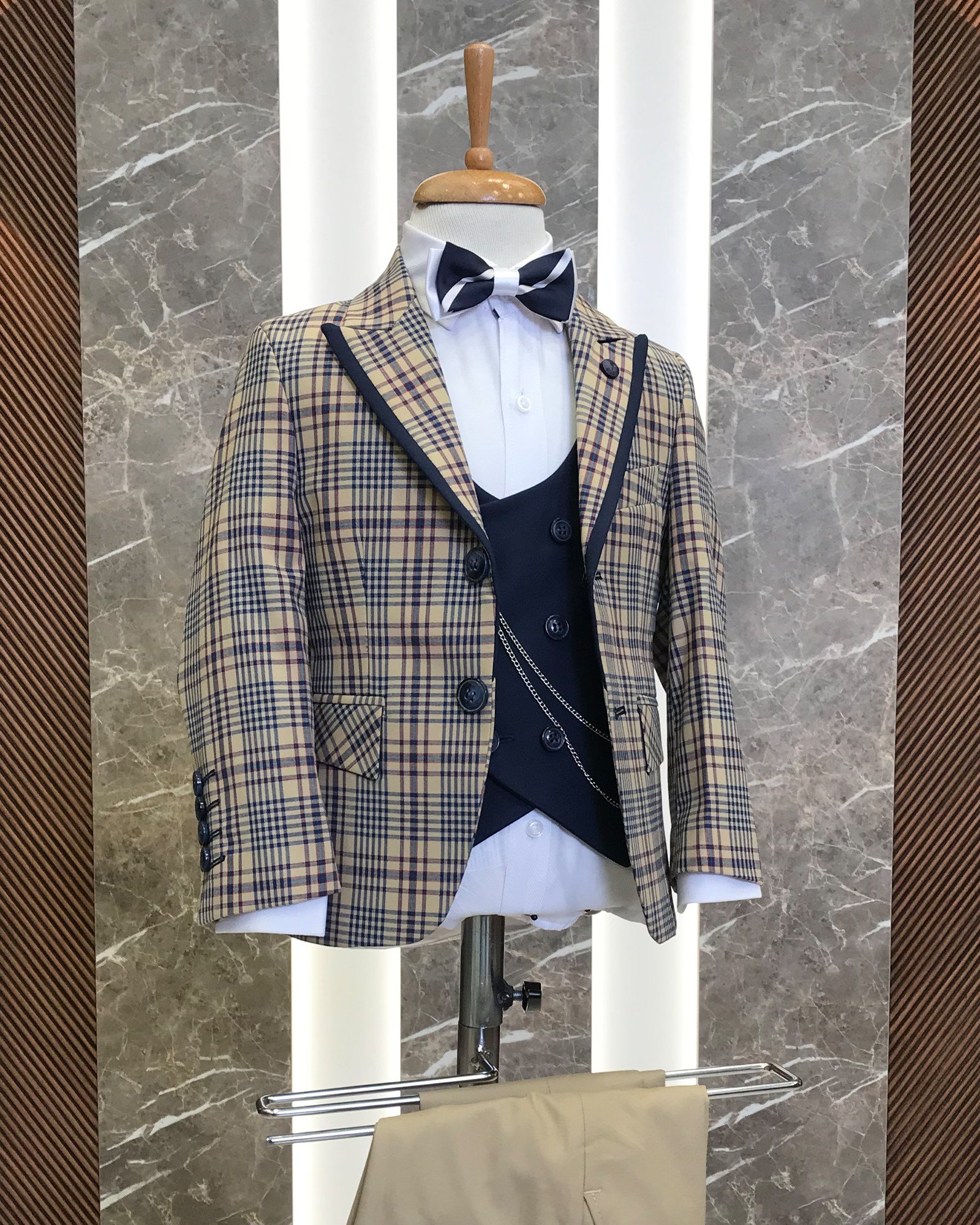İtalyan stil çocuk mono yaka ceket yelek pantolon kombin takım elbise camel T8956