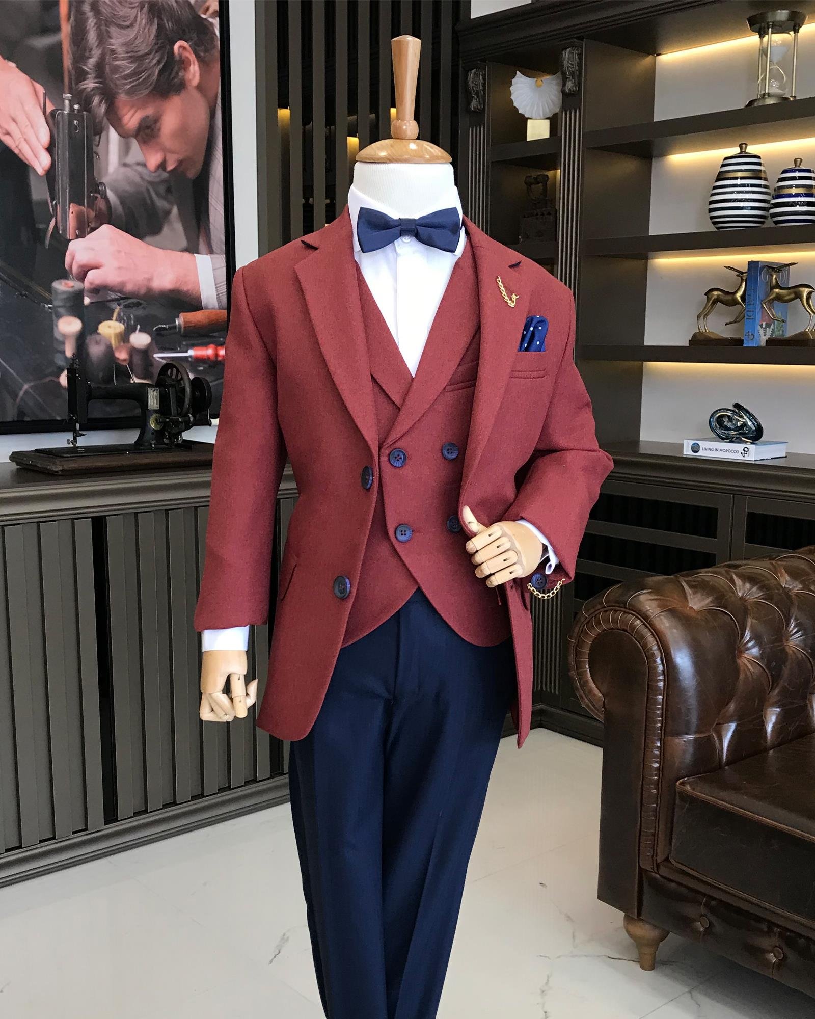 İtalyan stil çocuk mono yaka ceket yelek pantolon kombin takım elbise kırmızı T8970
