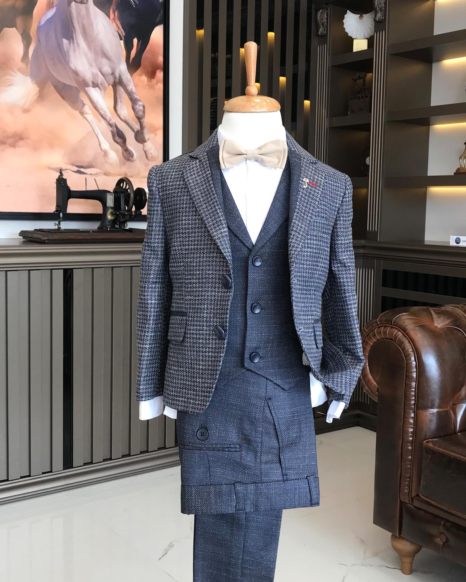 İtalyan stil çocuk mono yaka ceket yelek pantolon kombin takım elbise kahverengi T8959