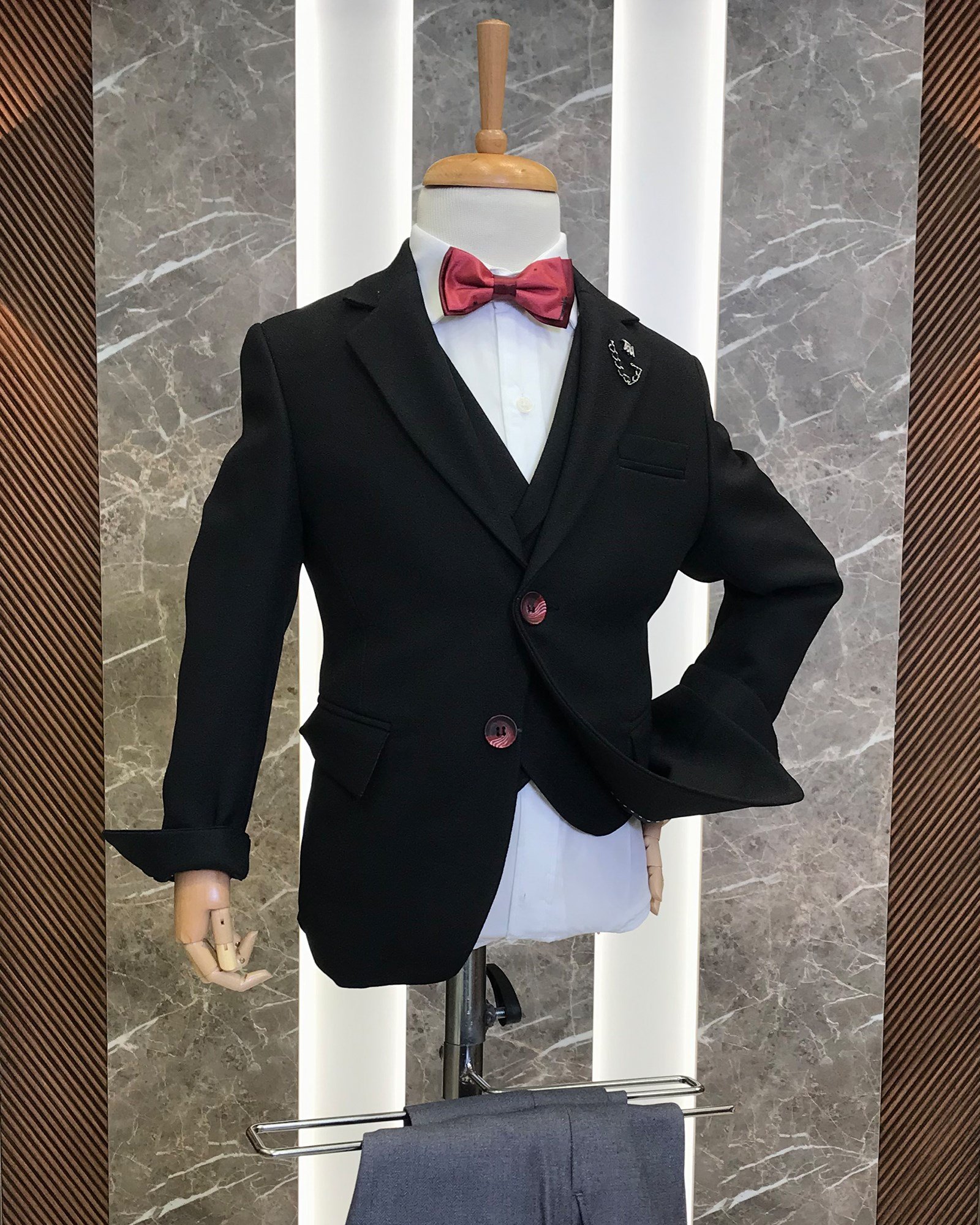 İtalyan stil çocuk mono yaka ceket yelek pantolon takım elbise siyah T8971